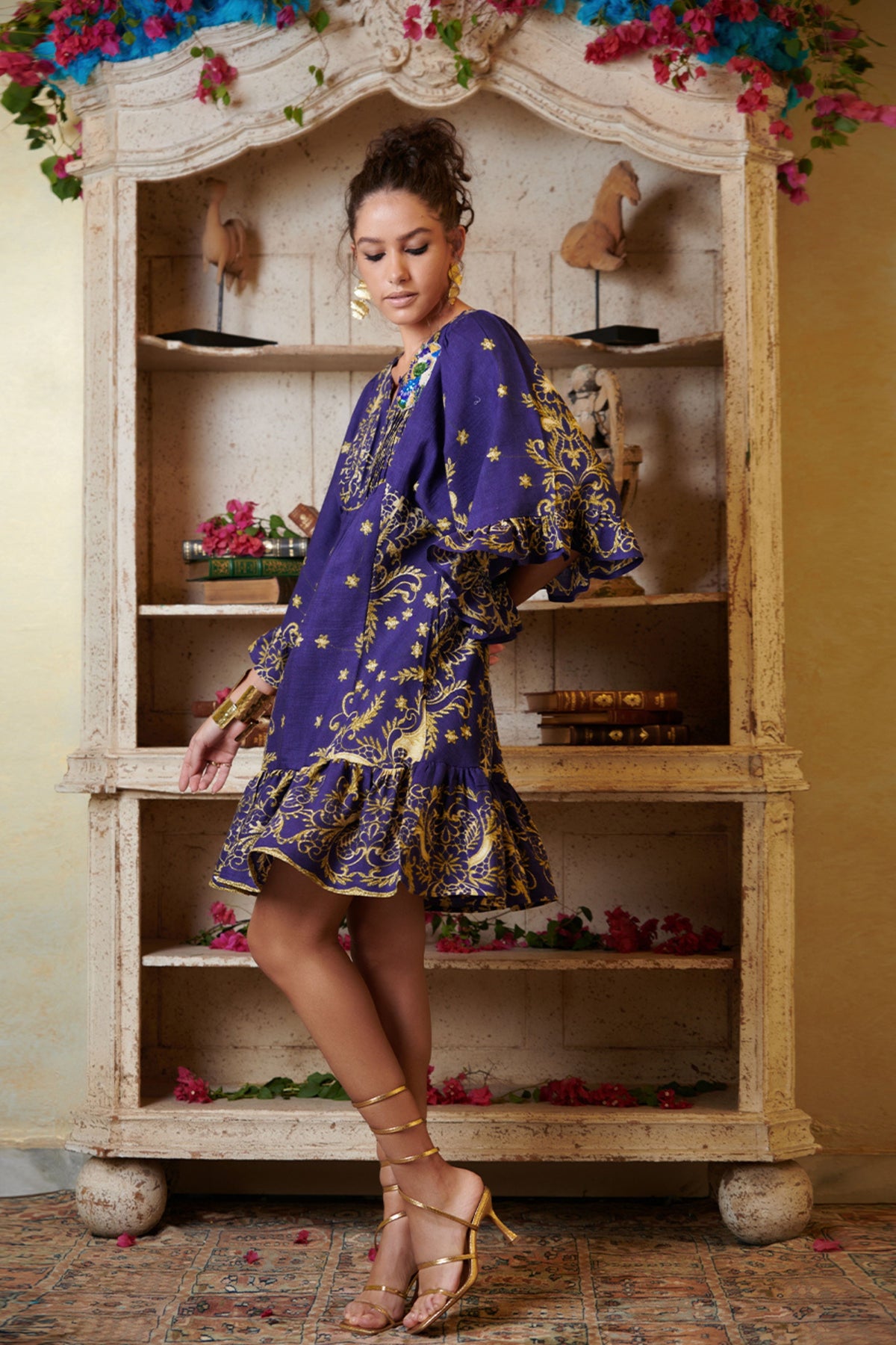 Purple Printed One Tier Mini Dress