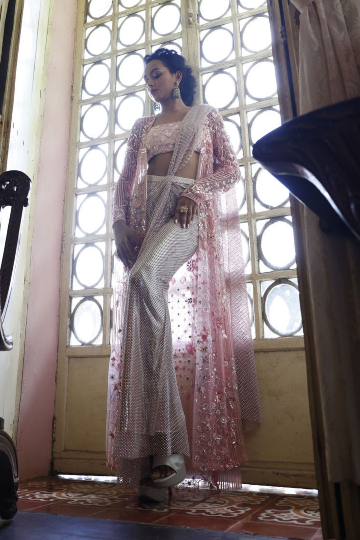 Pink Mesh Draped Skirt with Bustier and Cape