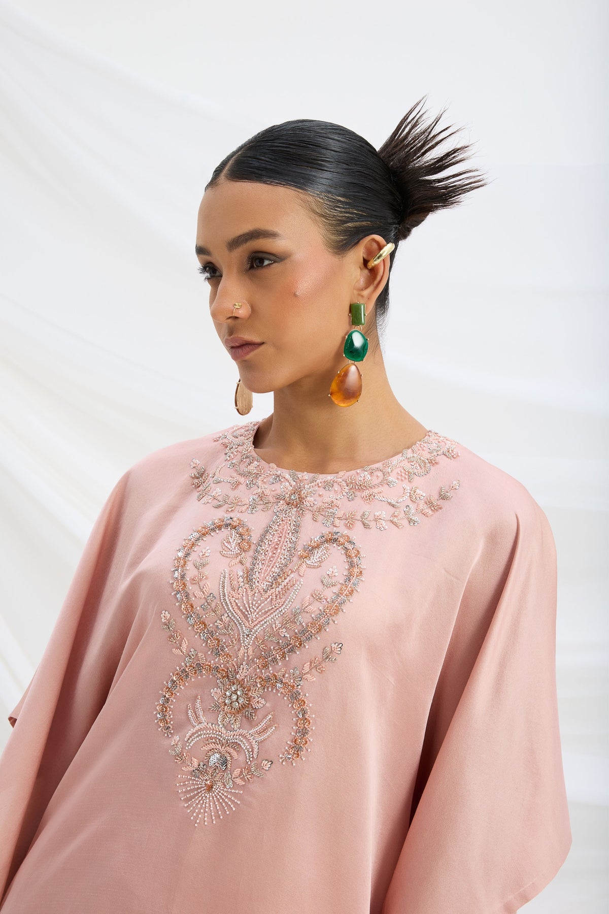 Peach Pink Embroidered Kaftan Set