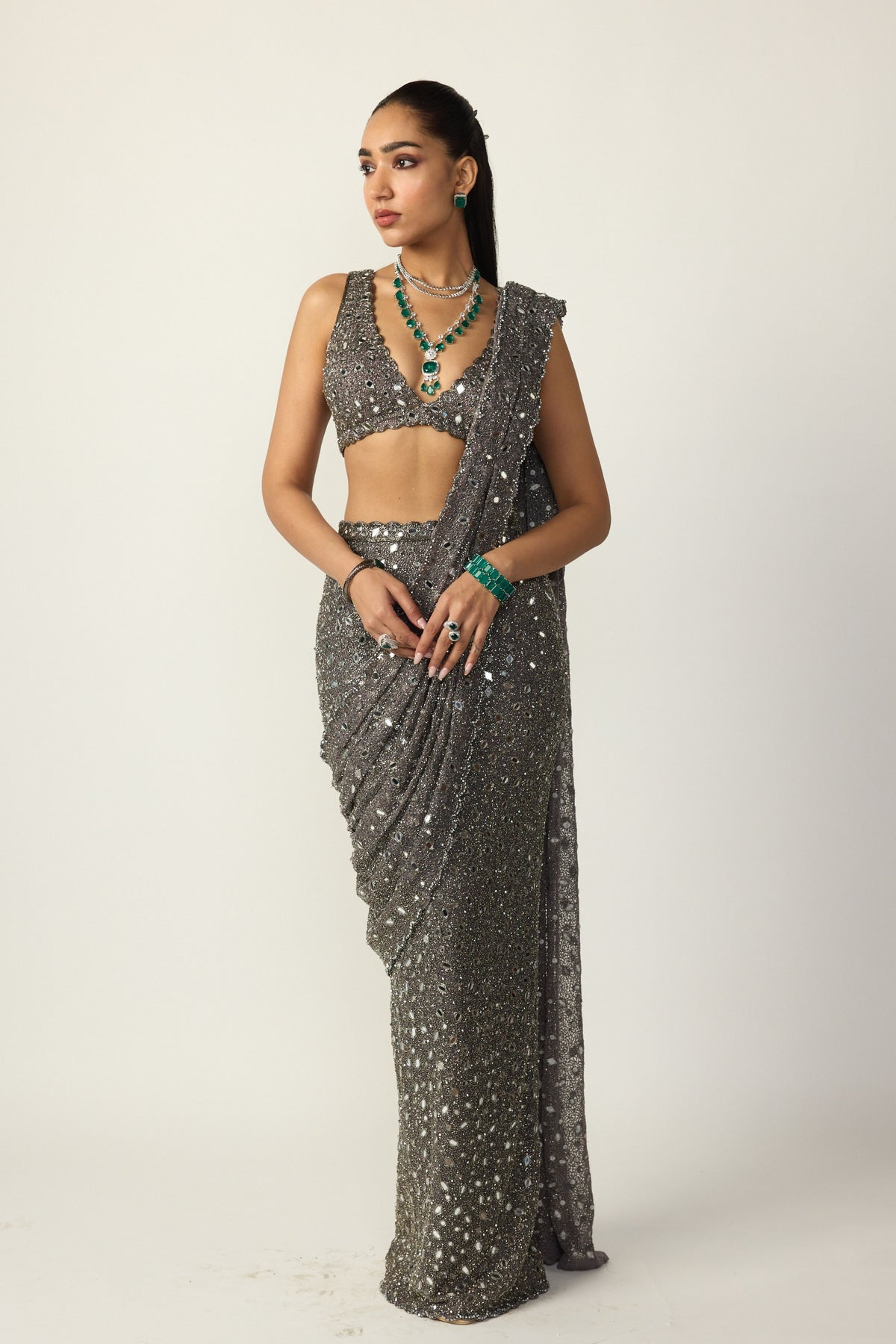 Metallic Grey Draped Saree Set