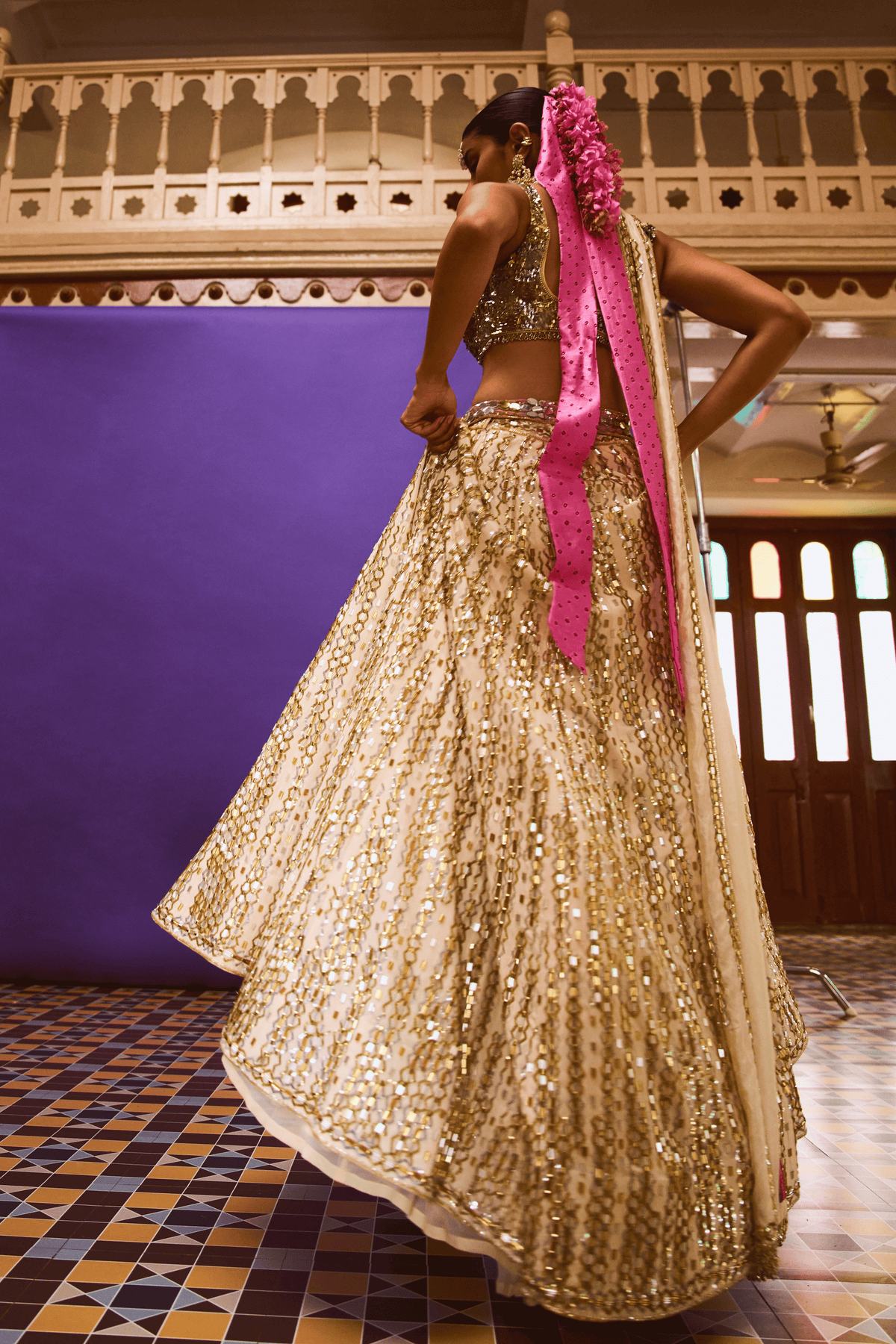 Beige Sequin Lehenga Set