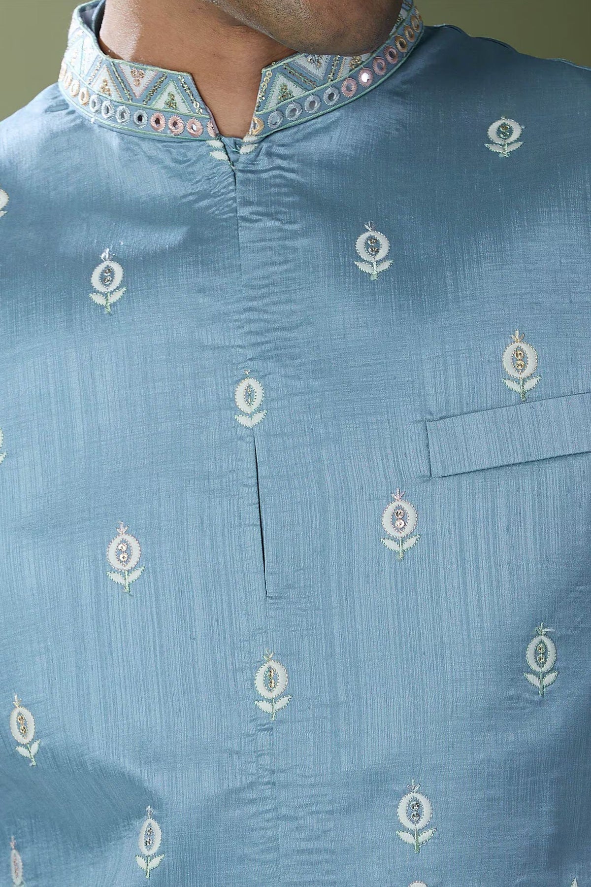 Blue Embroidered Nehru Jacket Set