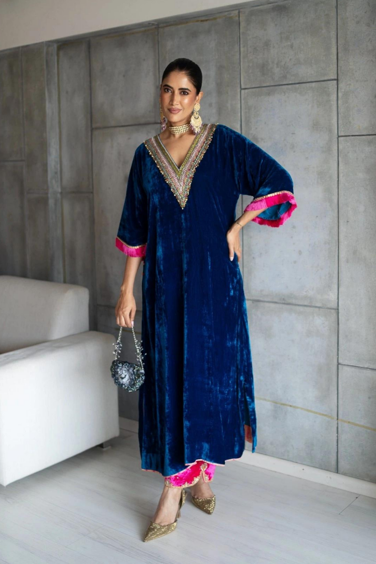 Nadira Blue Velvet Kaftan Kurta Set