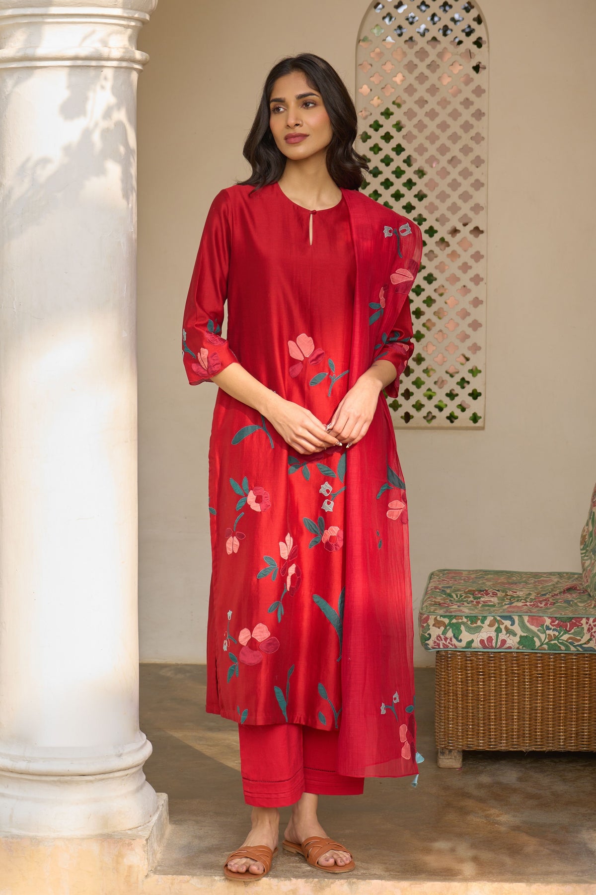 Cherry Red Applique Kurta Set