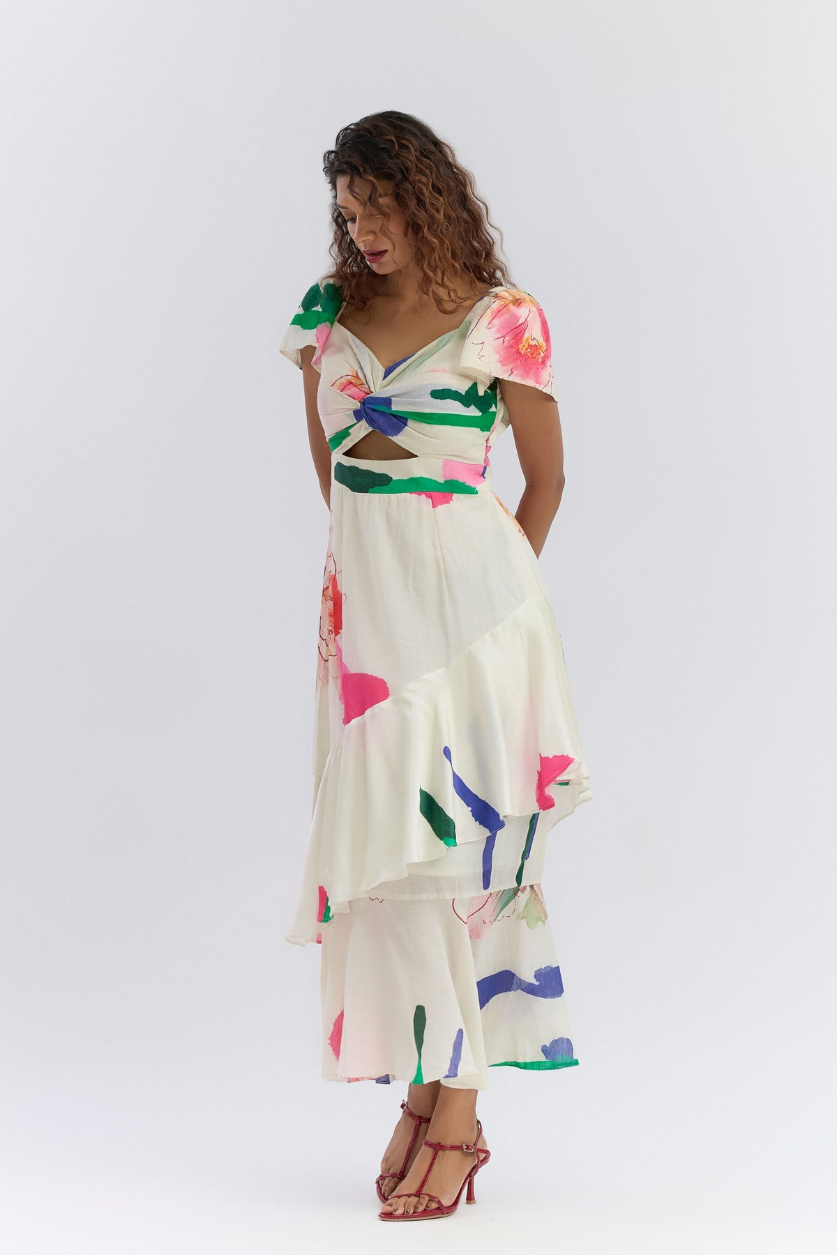 Colour Splash Print Ruffle Dress
