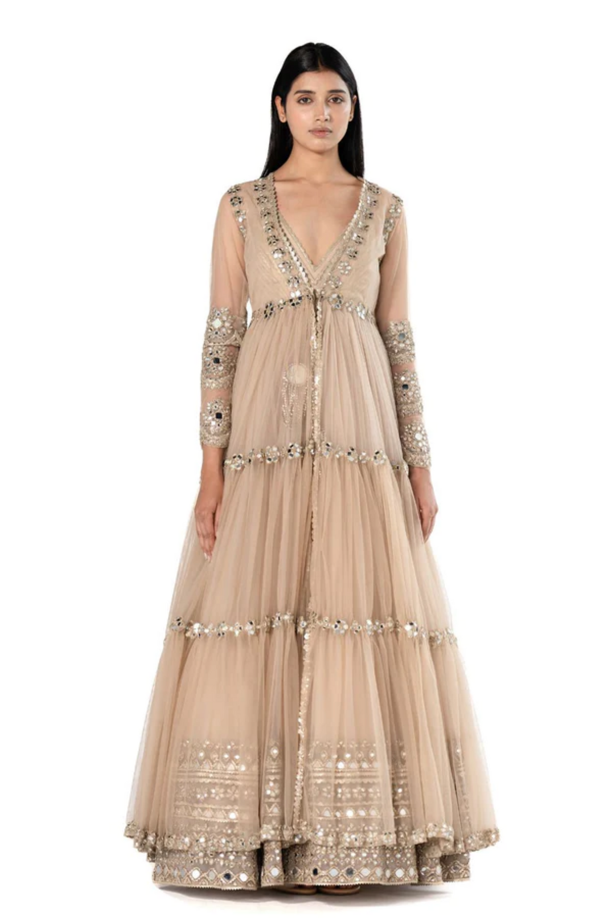 Beige Coloured Anarkali Paired With Jacket