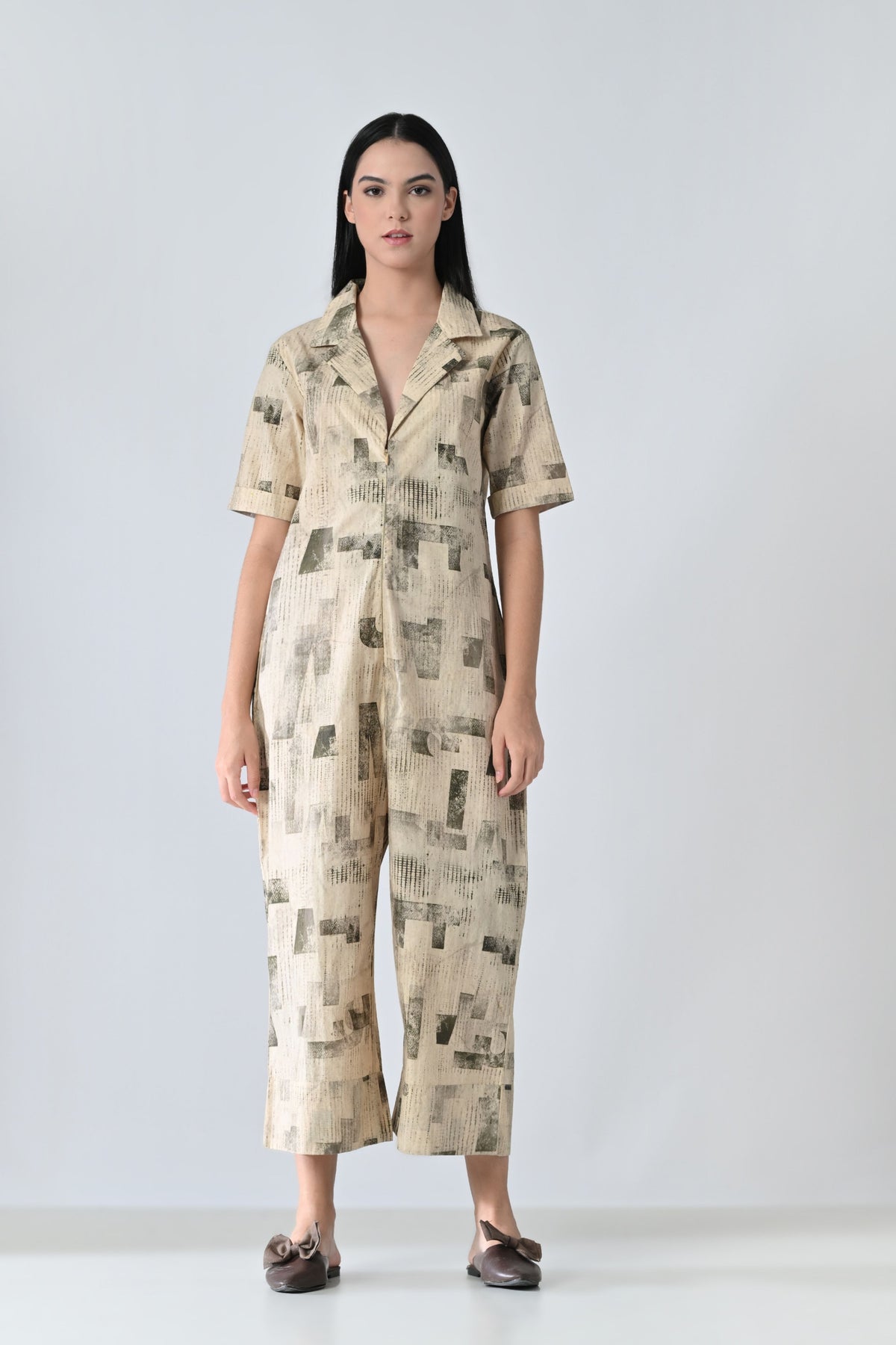 Beige Printed Relaxed Fit Jumpsuit