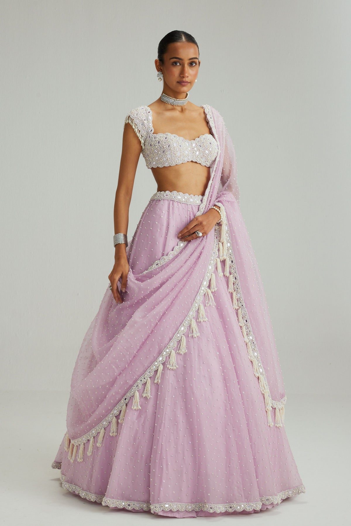 Lavender Mirror and Pearl Lehenga Set