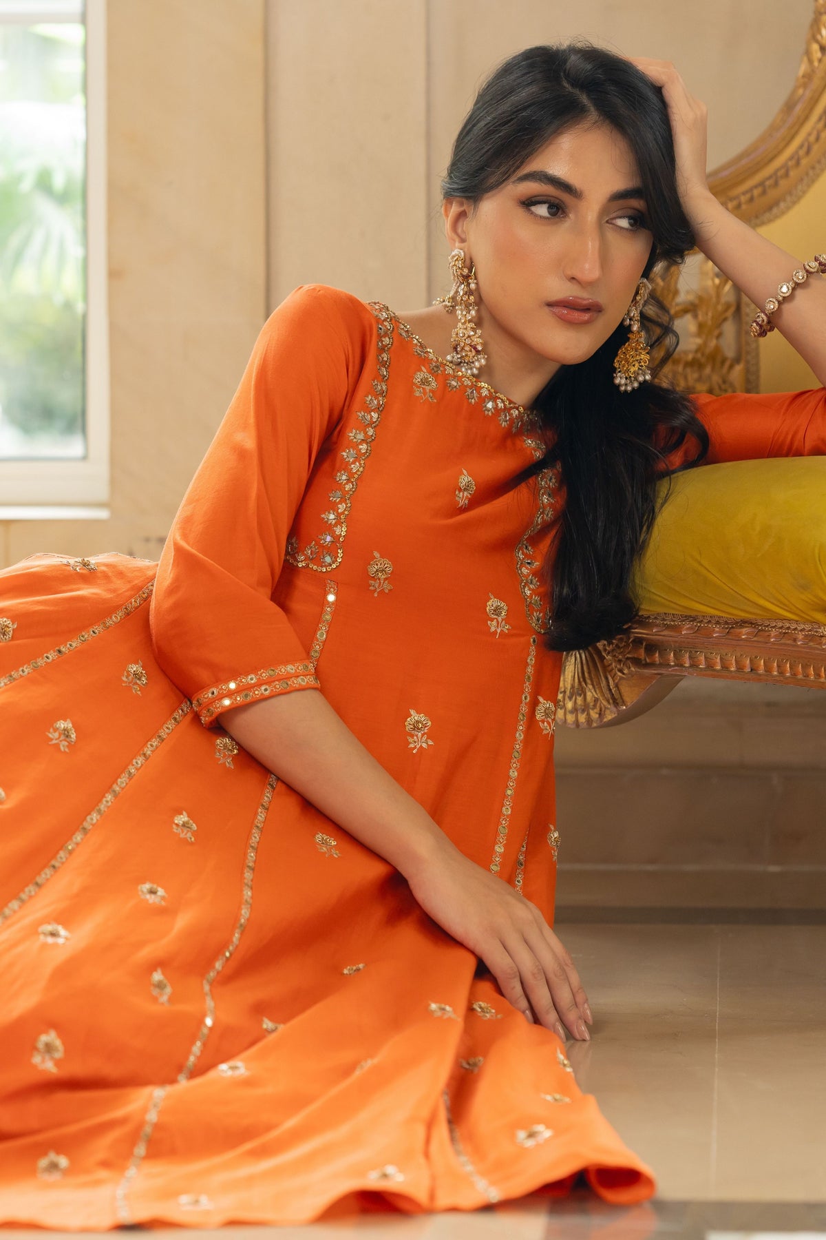 Rust Butti Embroidered Kurta Set