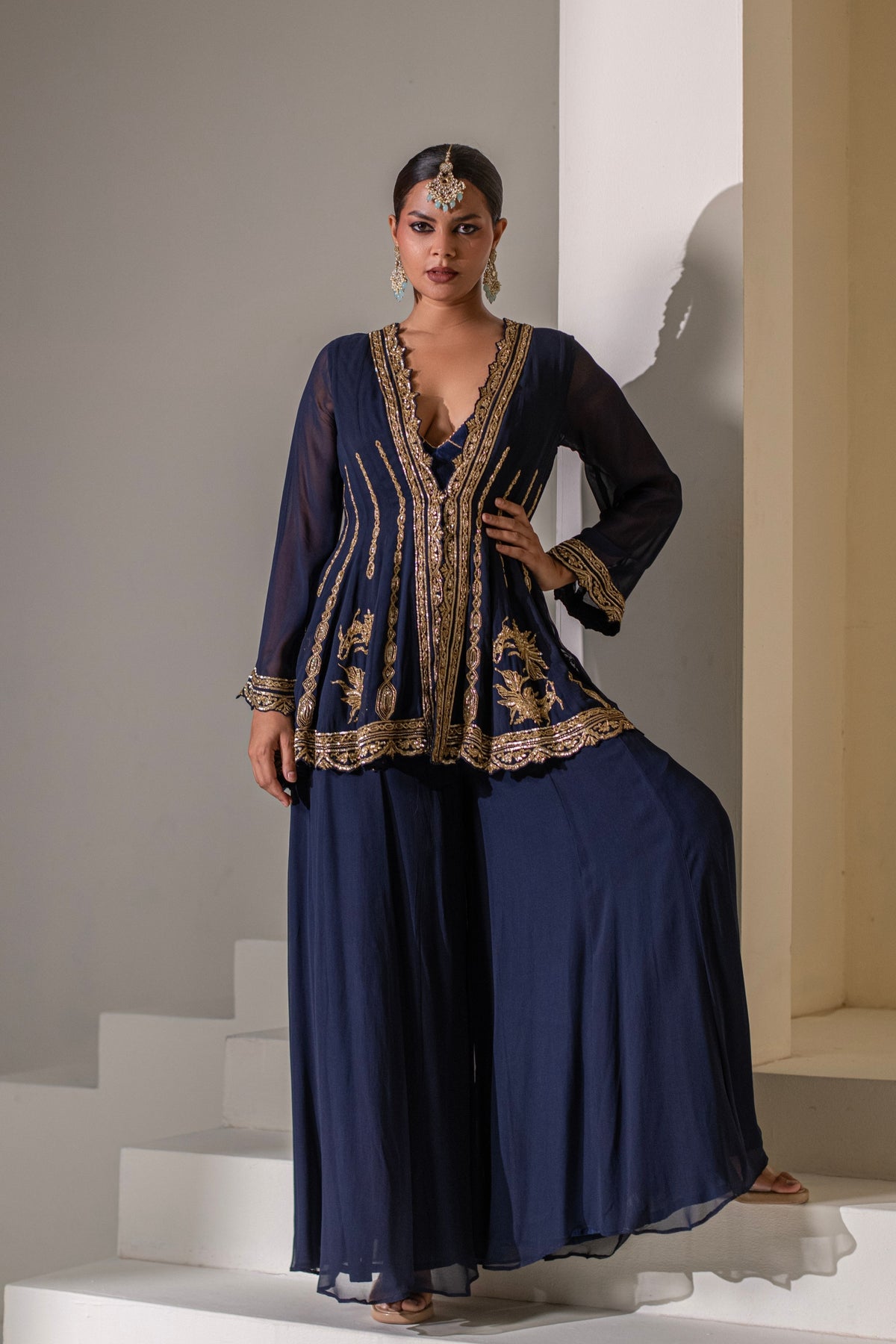 Blue Embellished Kalidar  Jacket Set