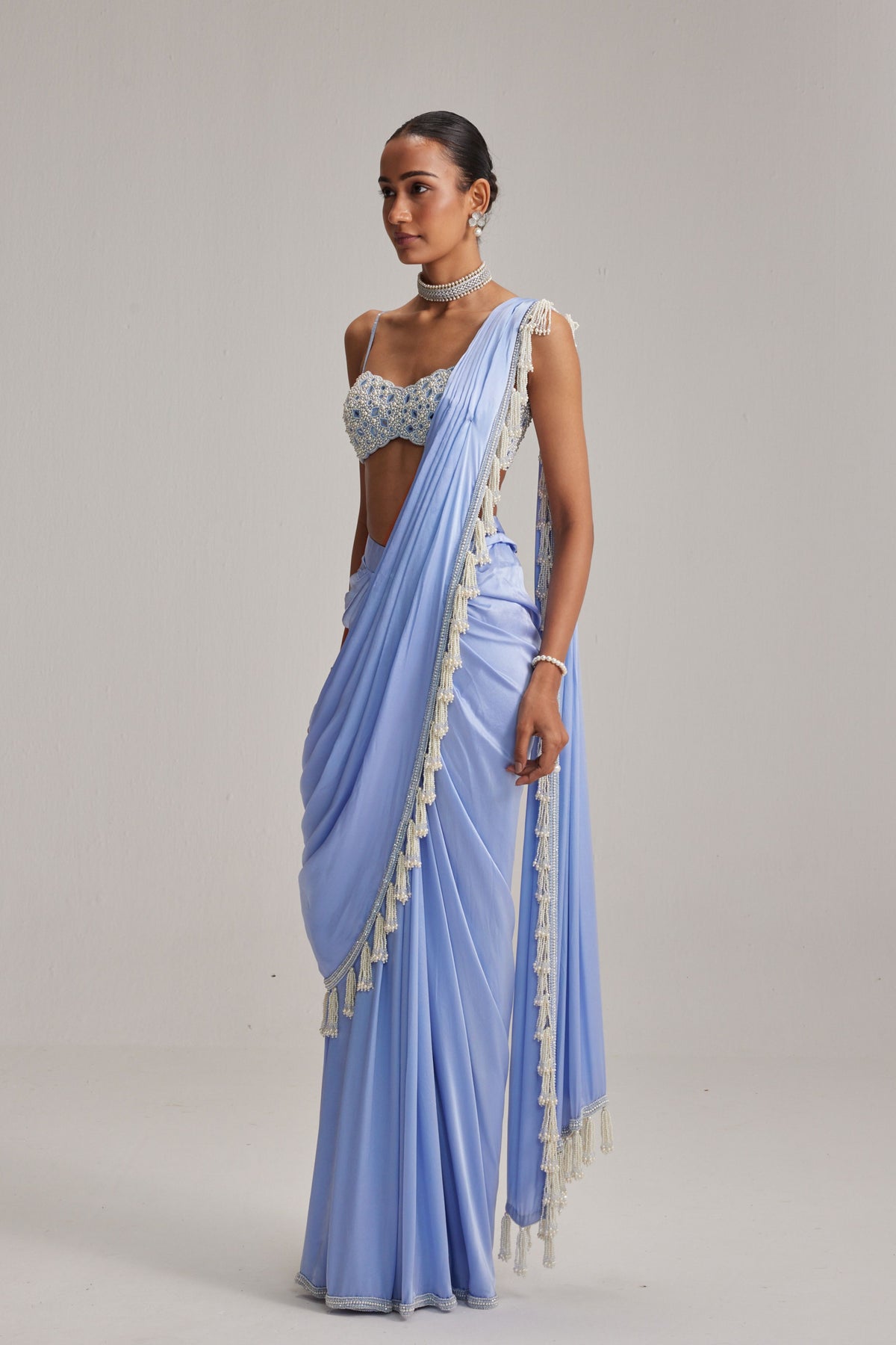 Dew Blue Satin Draped Saree Set