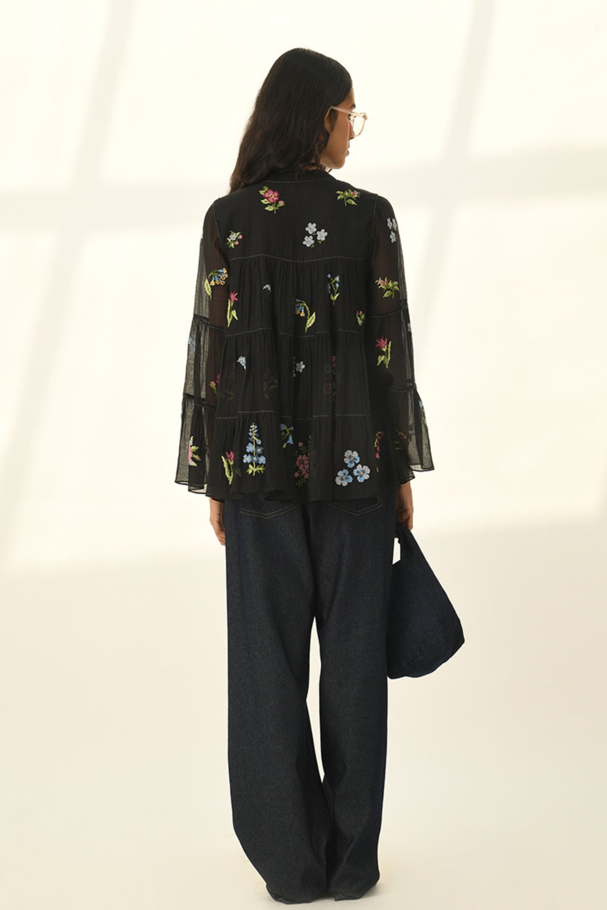Black Baccara Tiered Embroidered Top
