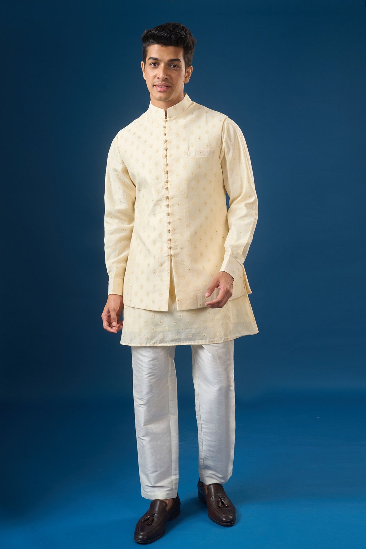 Cream Brocade Kurta-bundi Set