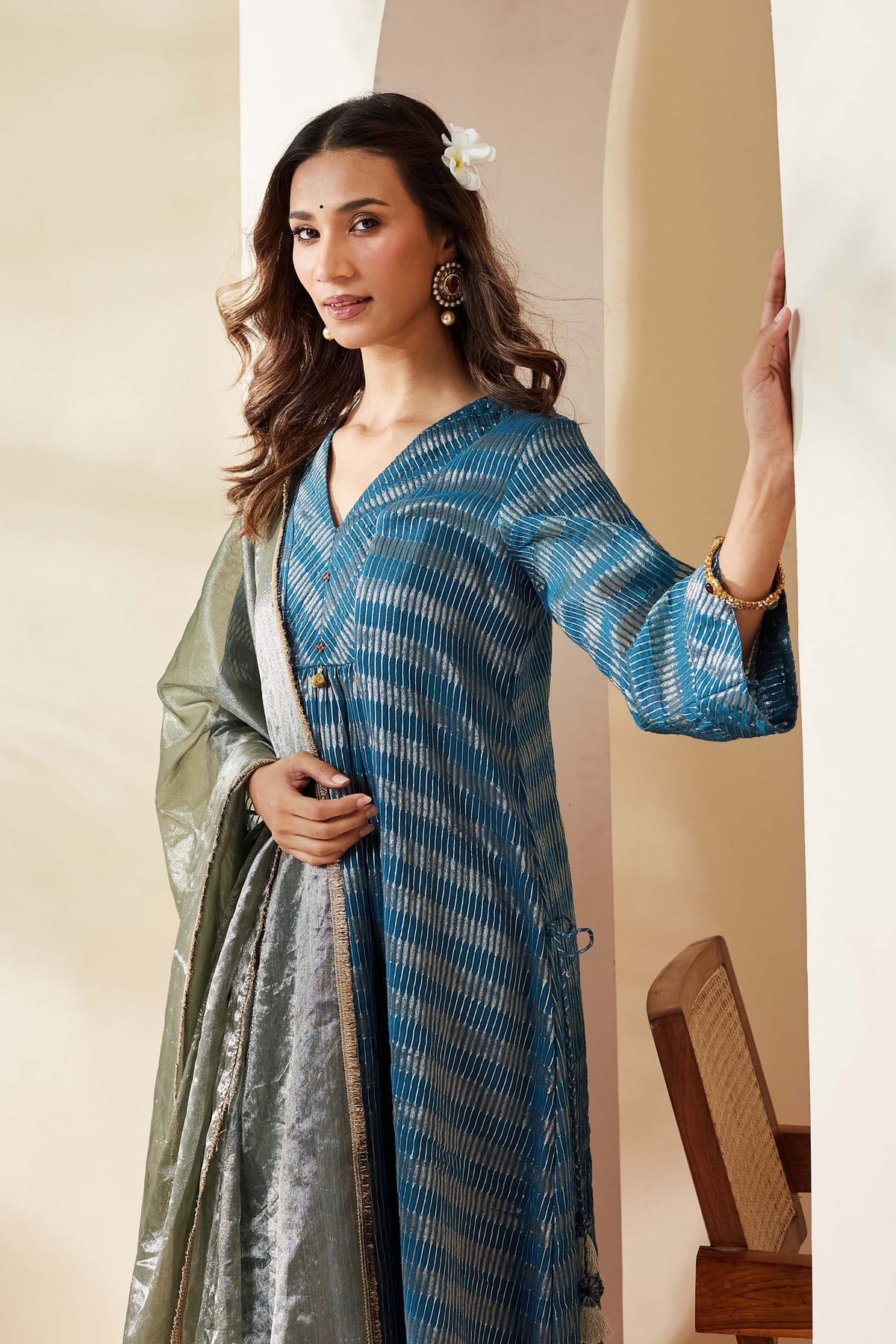 Blue Zari Stripe Kurta Set