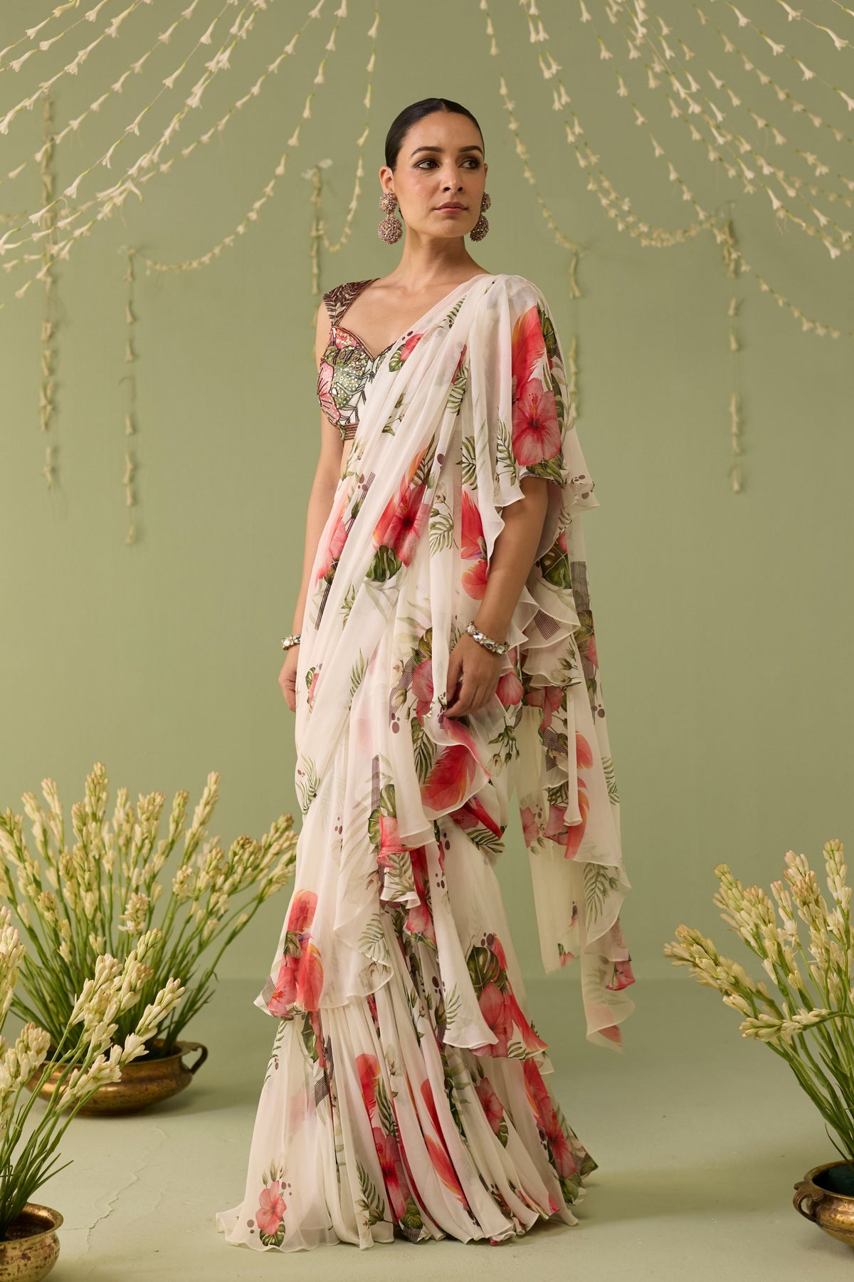 White Draped Saree Set