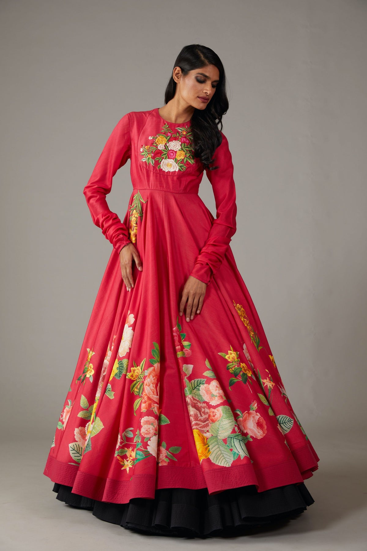 Red Print Chanderi Anarkali Set