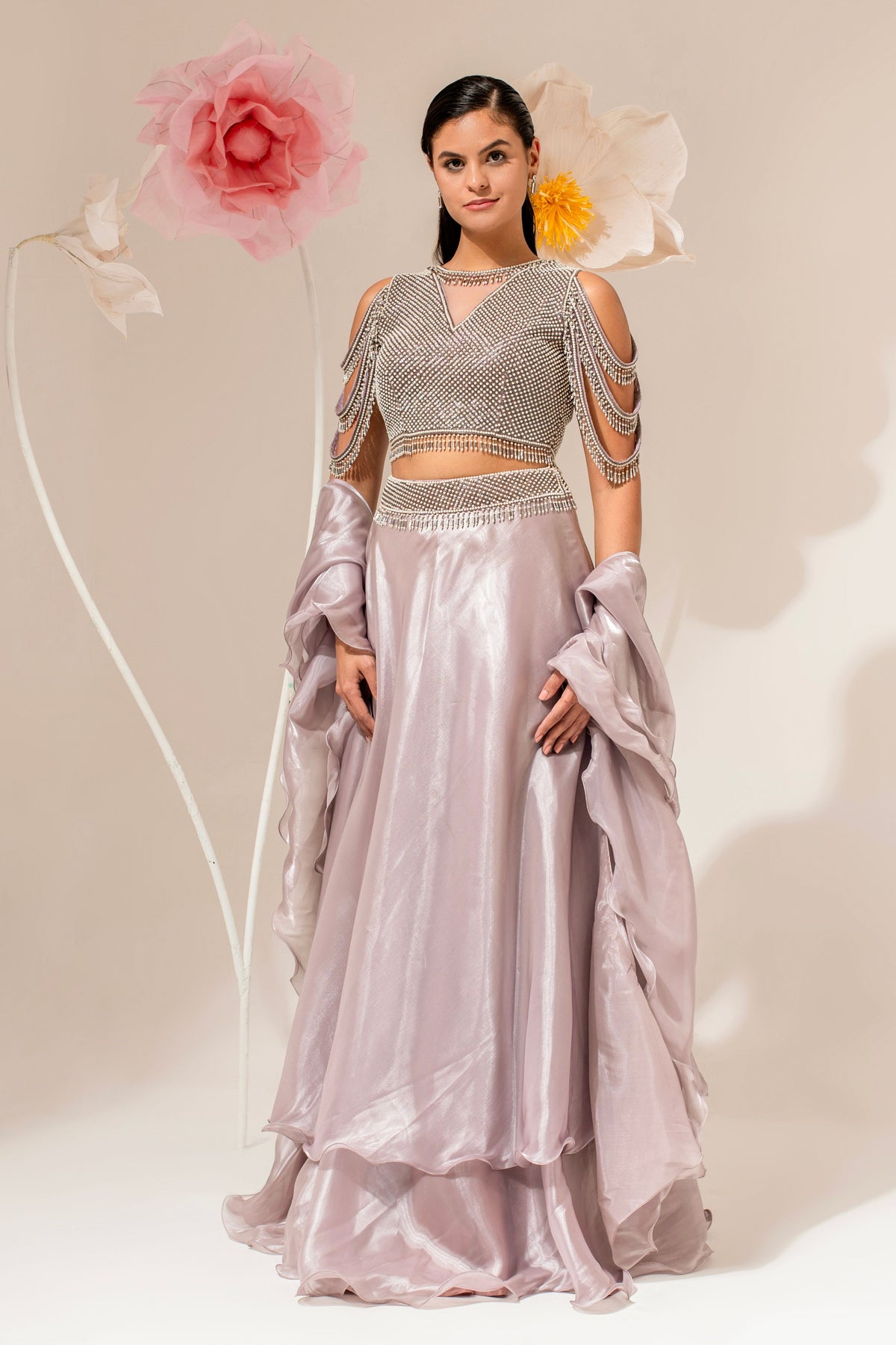 Silver Beaded Embroidered Lehenga Set