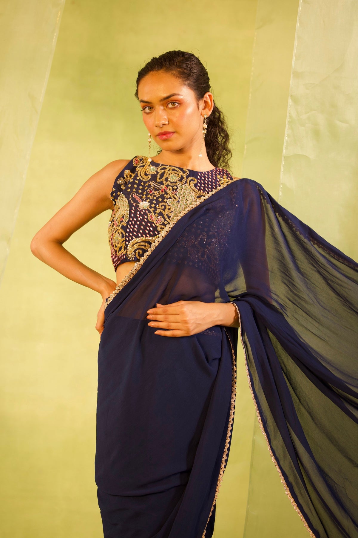 Navy Blue Embroidered Saree Set