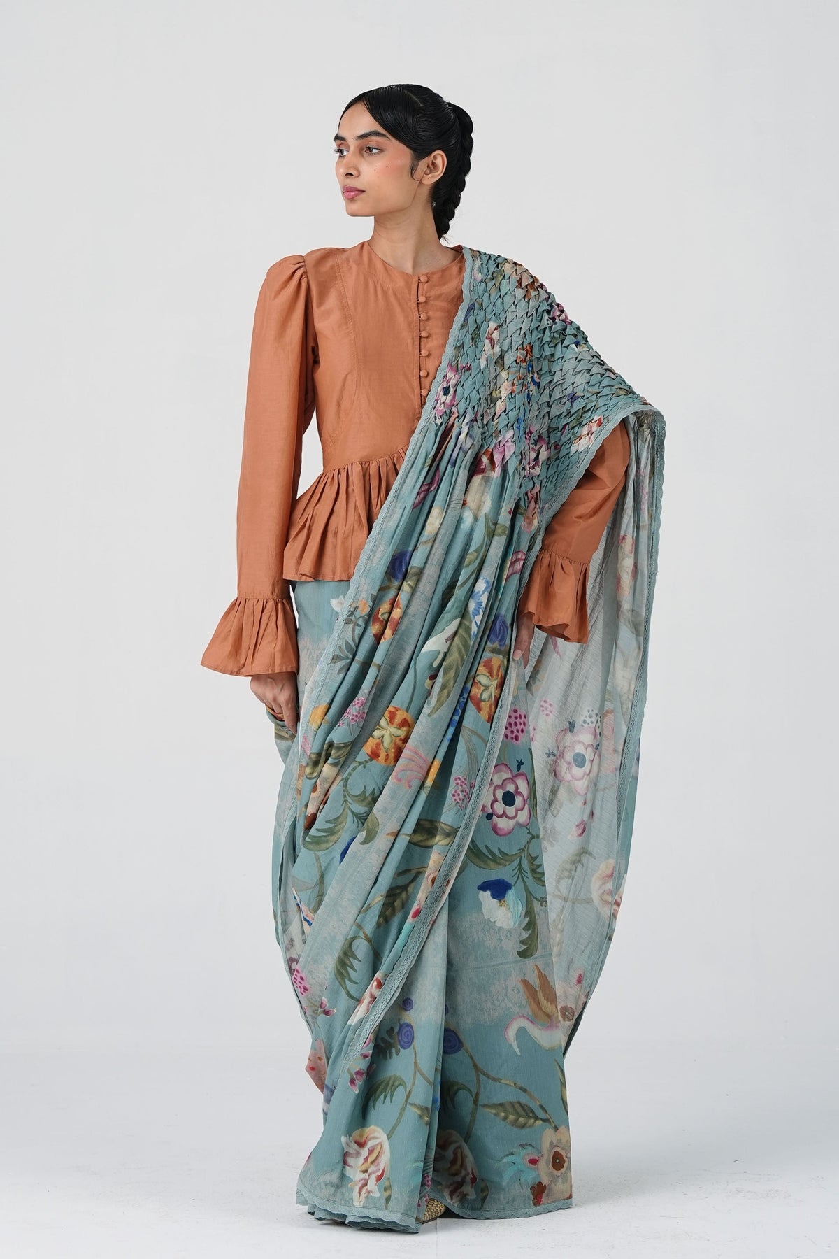 Smocked Blue Floral Saree