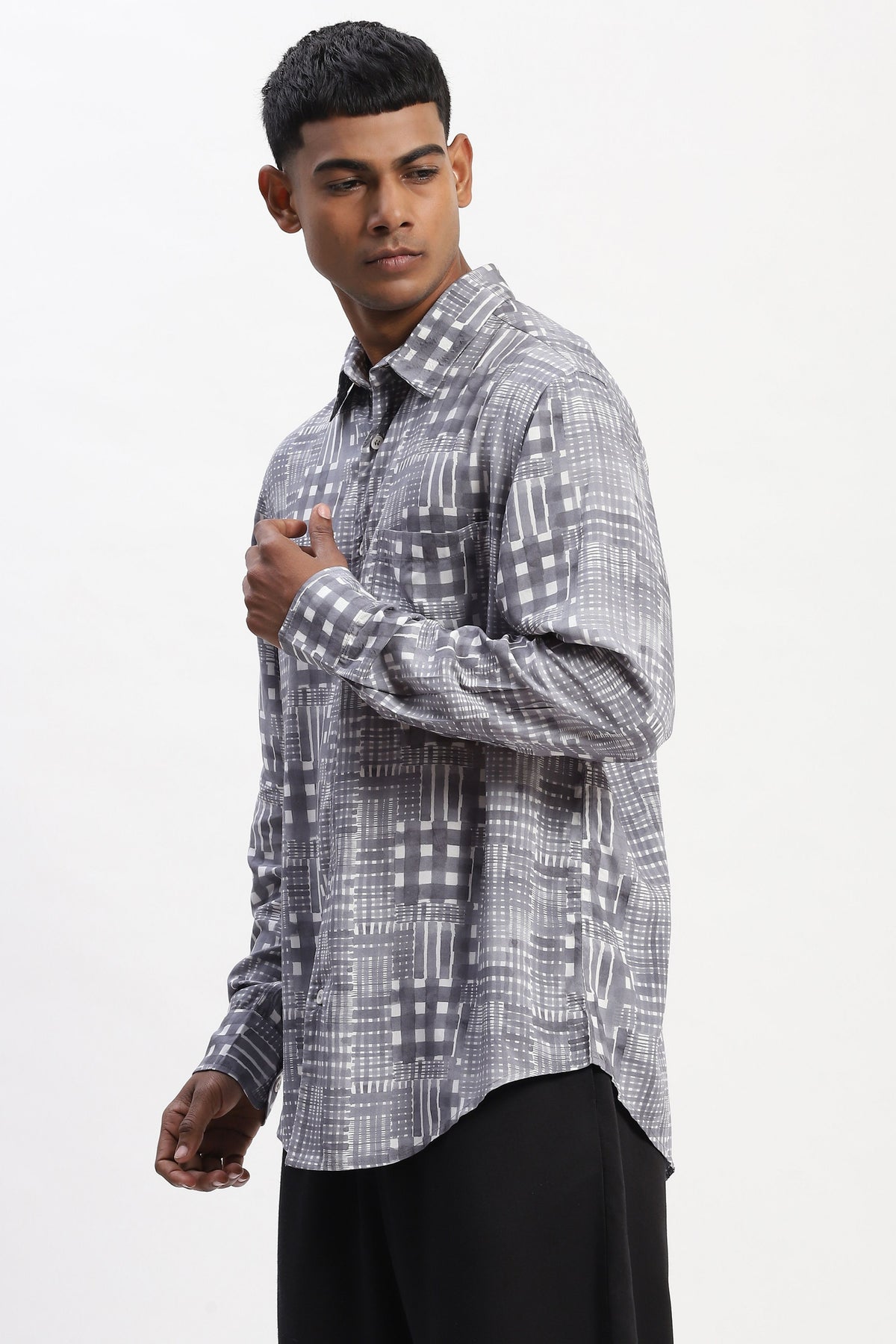Grey Handpainted Checks Shirt