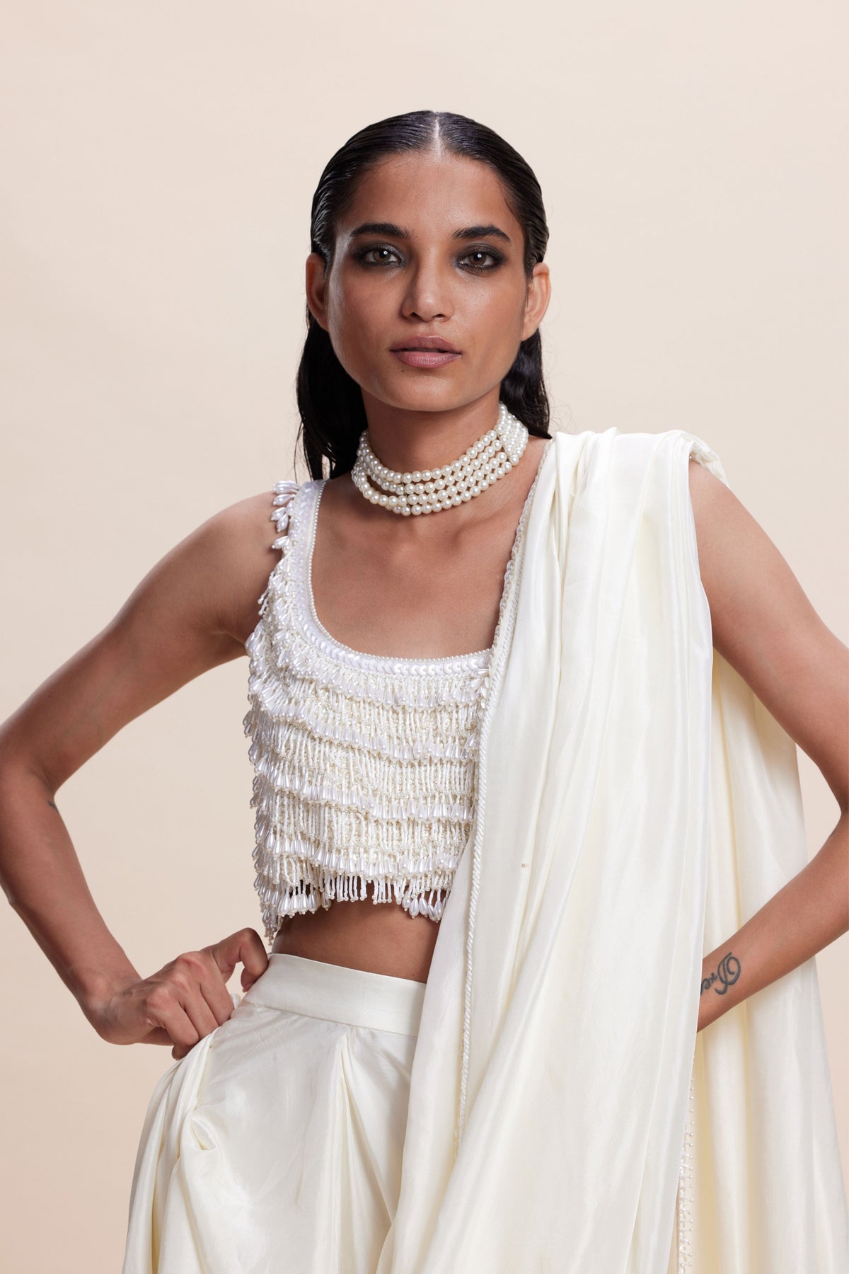 White Embellished Draped Saree Set