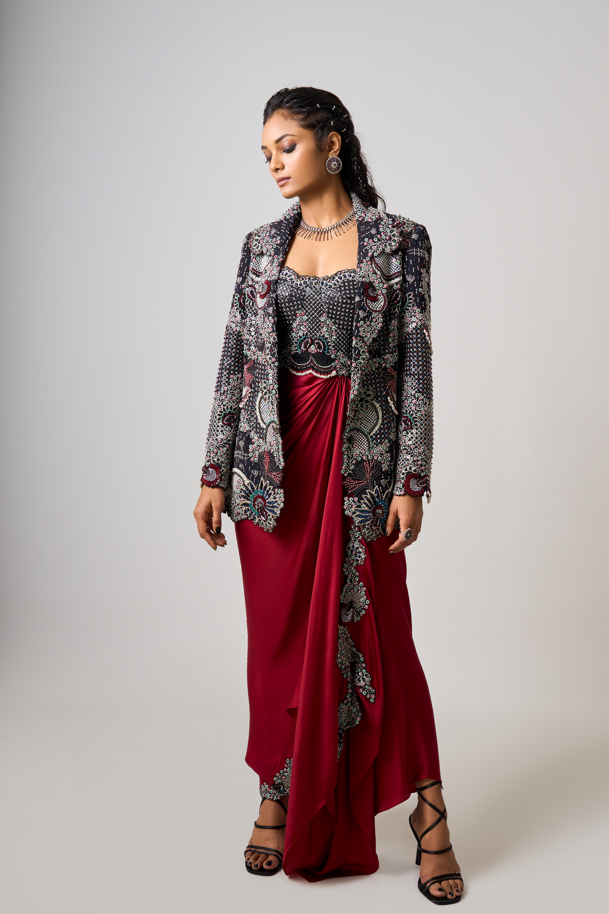 Embroidered Blazer With Burgundy Dress