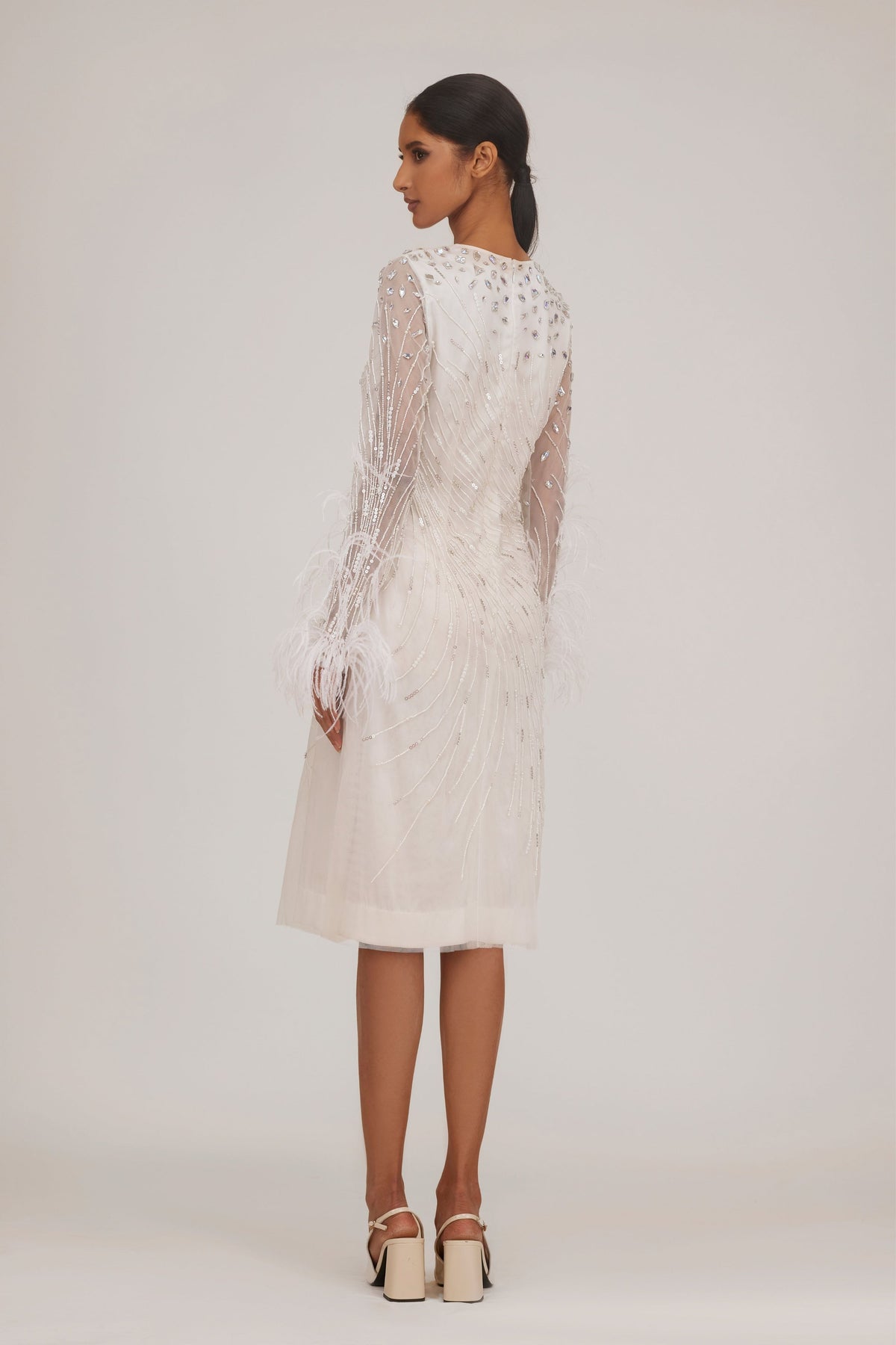 Beaded Feather Ivory Midi Dress