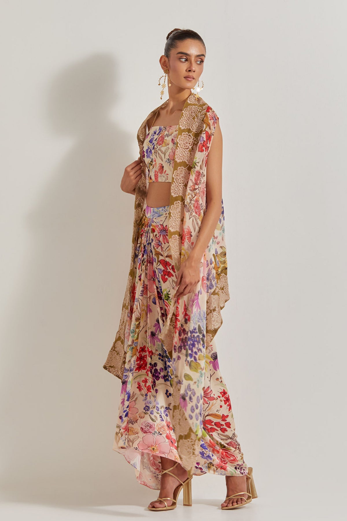 Cowl Skirt Set With Cape