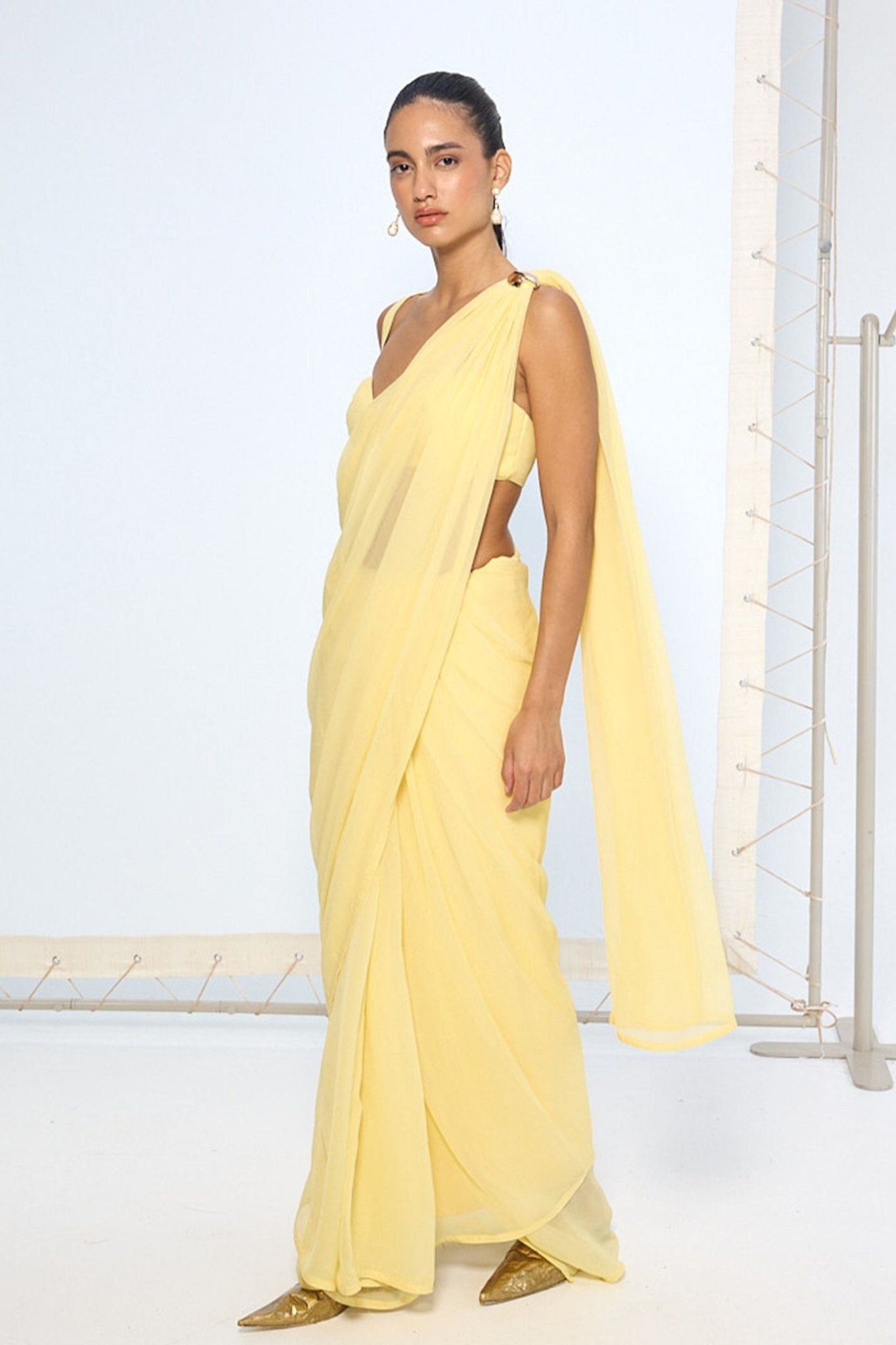 Soft Yellow Movable Brooch Saree - Ekaya - Elahe