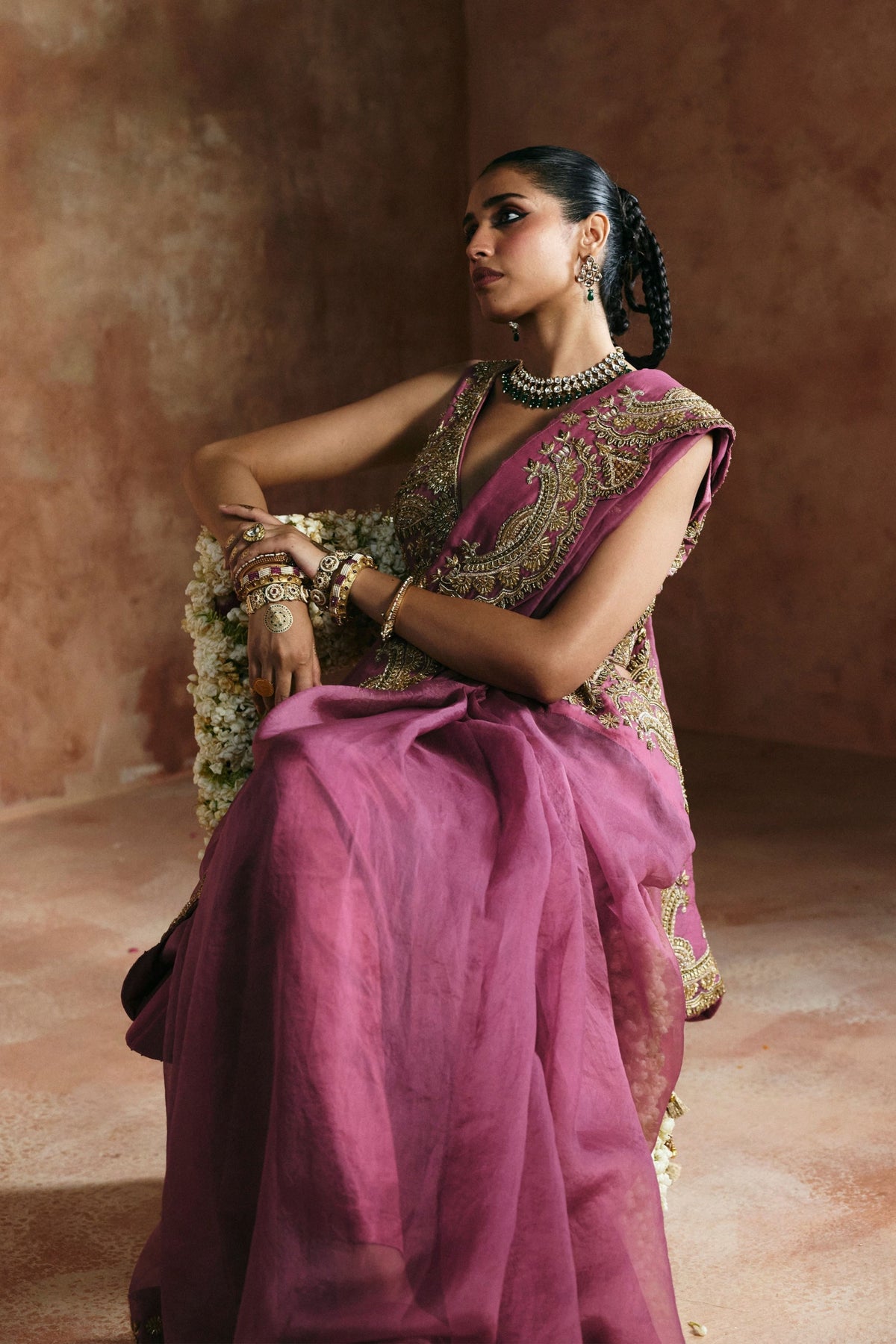 Peach Gold Sindh Zardozi Saree Set