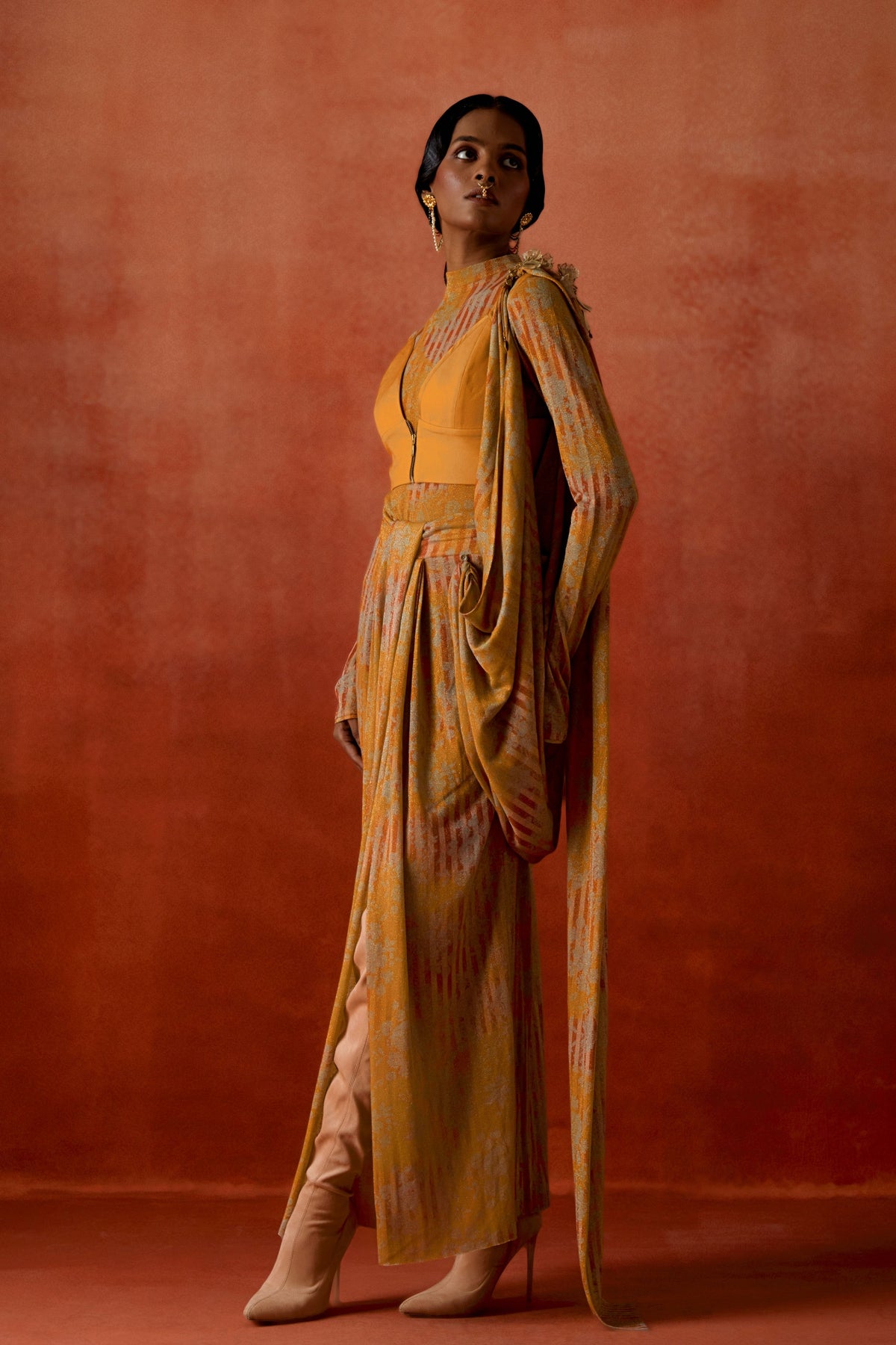 Gold Draped Sari Set