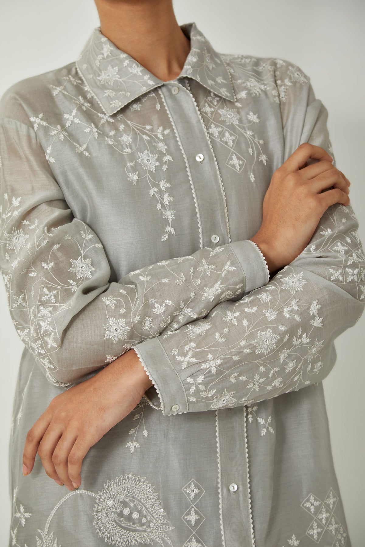 Grey Silk Chanderi Shirt Set