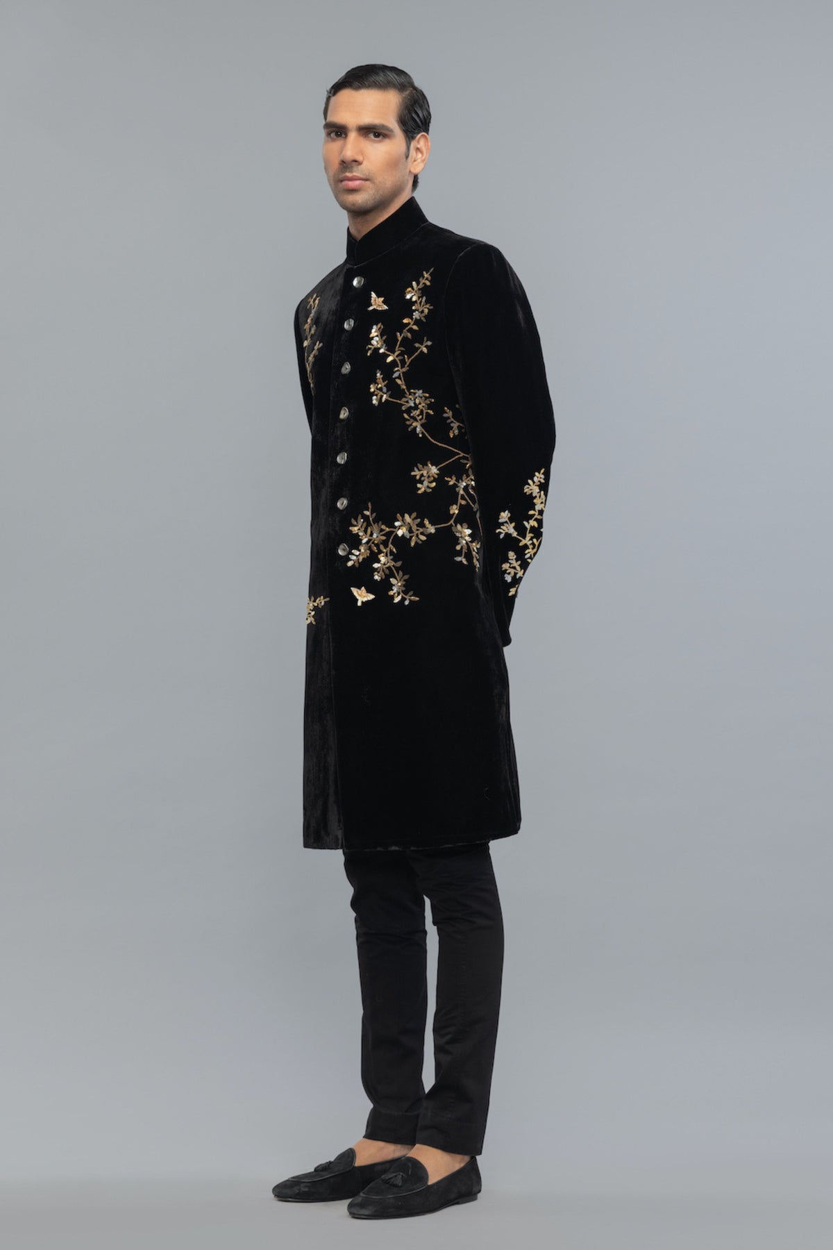 Velvet Sherwani In Black