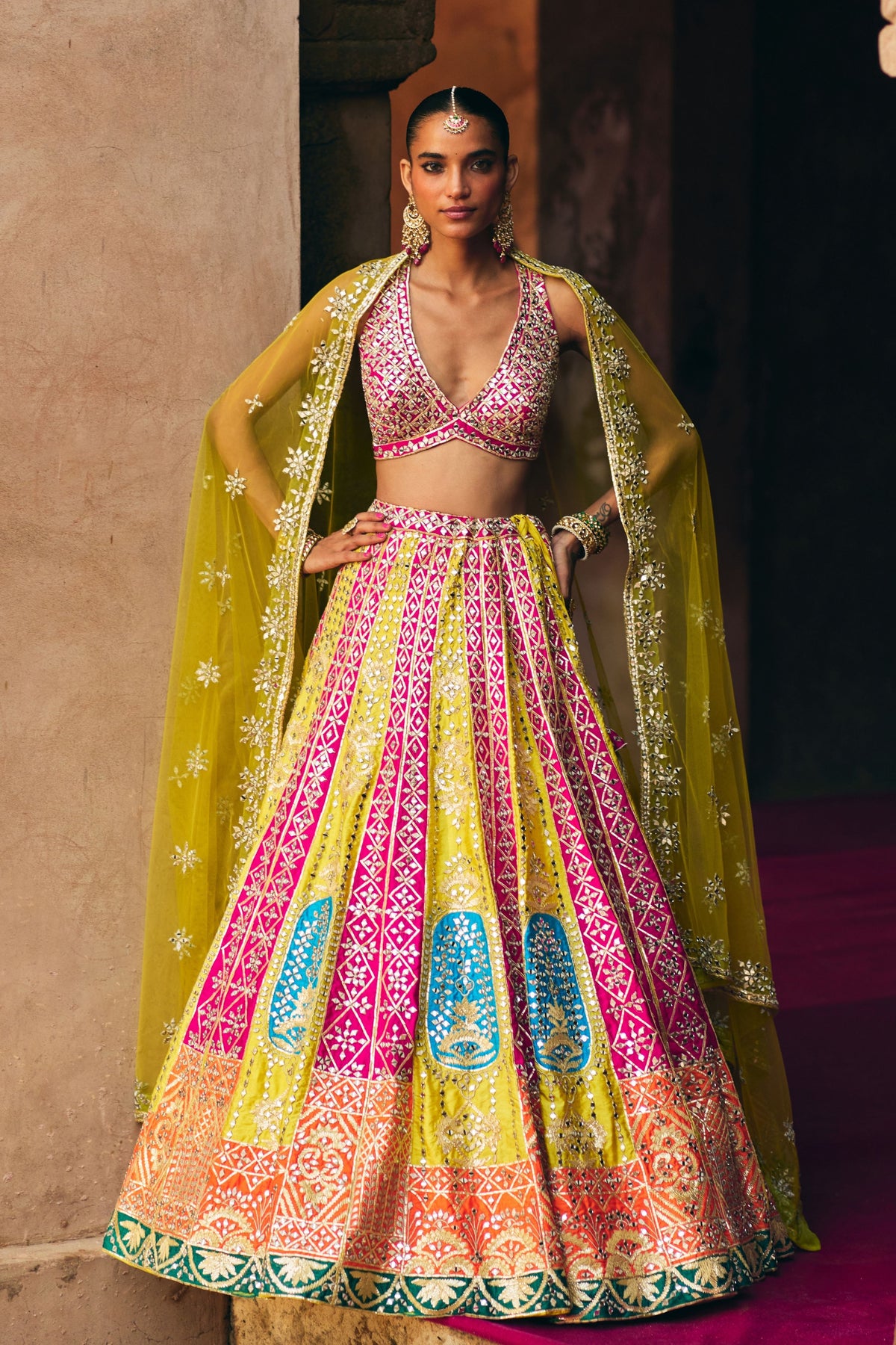 Multi Raw Silk Lehenga Set