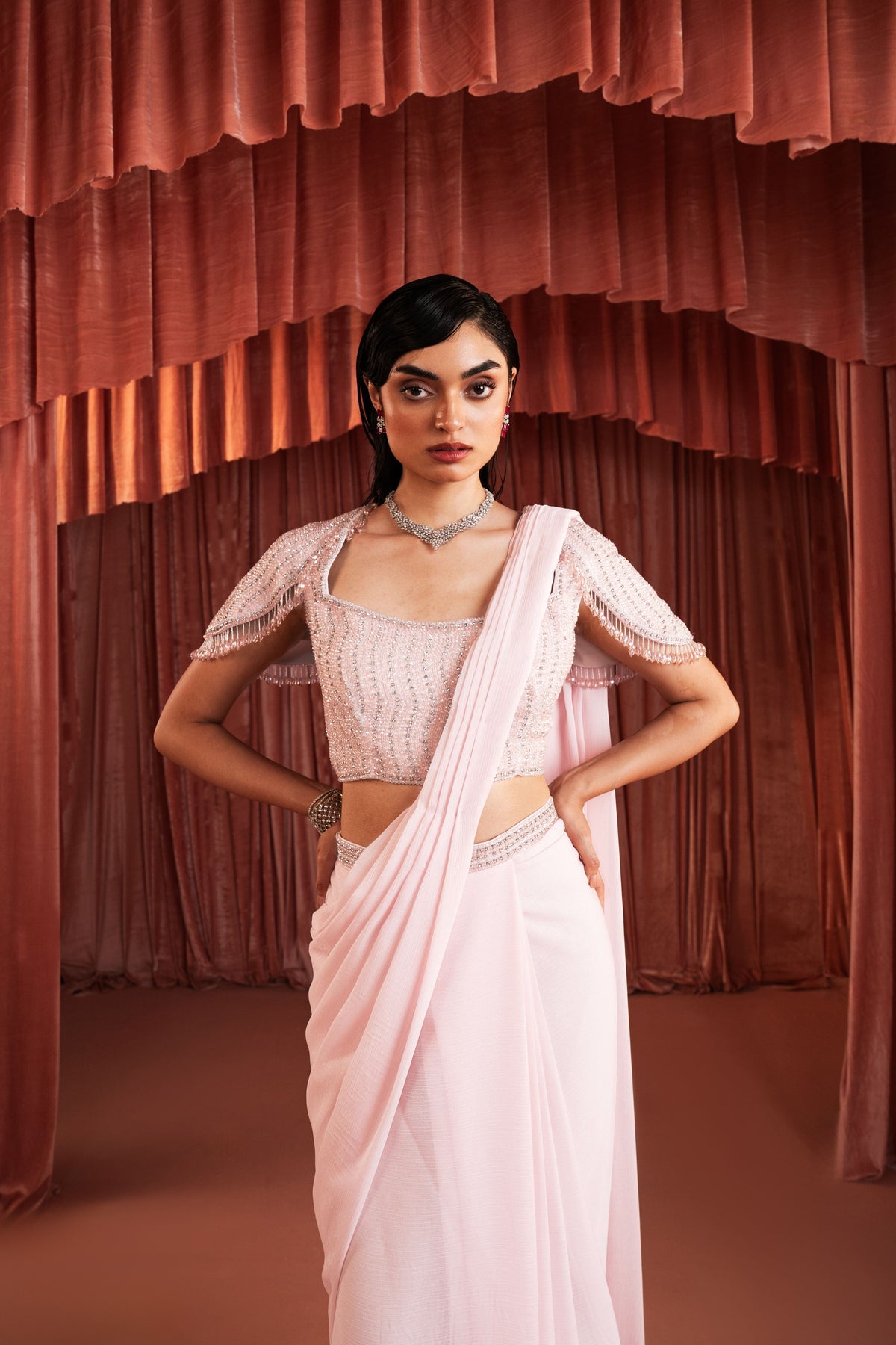 Baby Pink Beaded Draped Saree