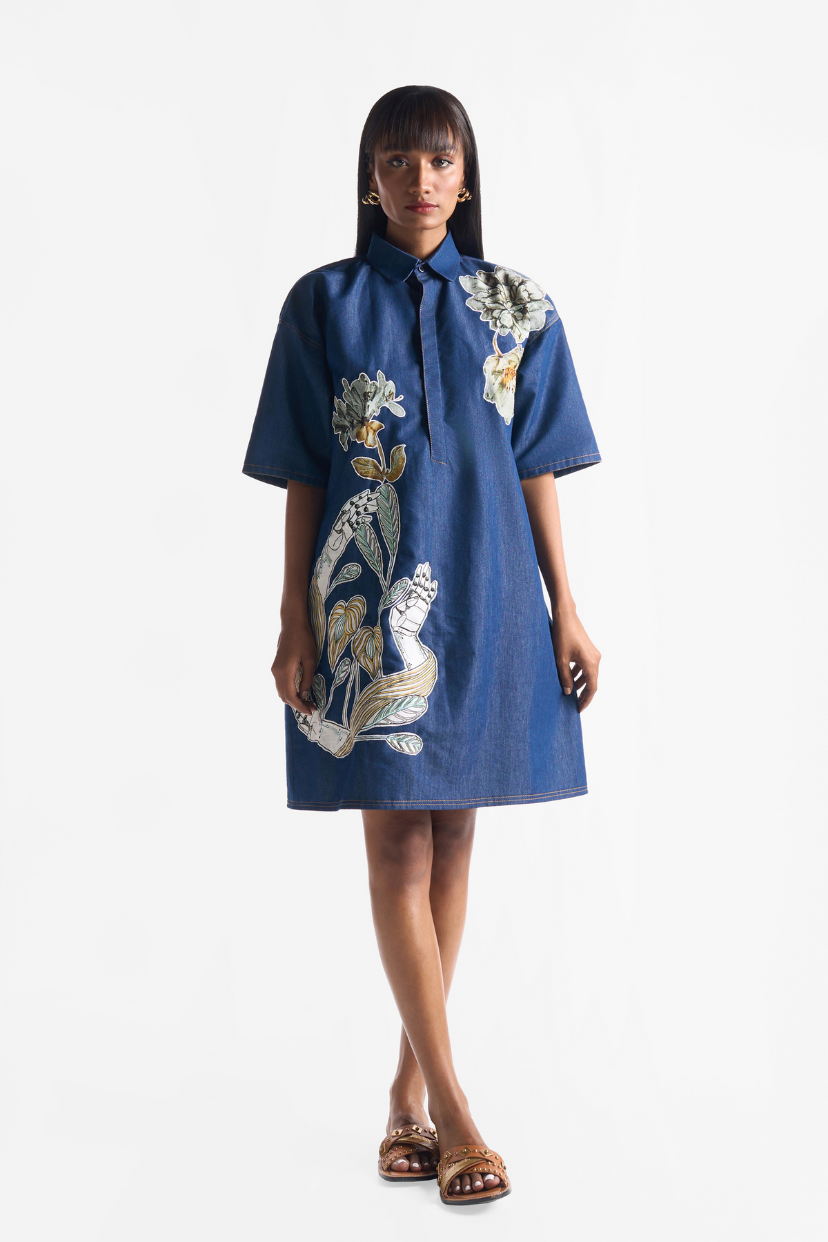 Denim Embroidered Shirt Dress