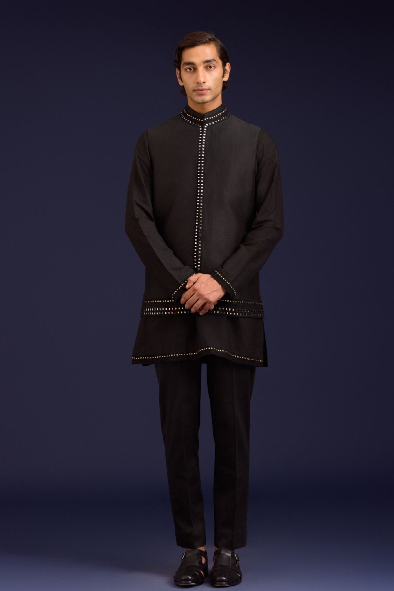 Black Linen Mirror Bundi Set - Devnaagri Menswear - Elahe