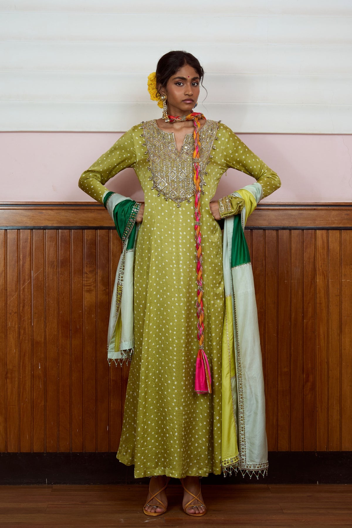 Ishq Olive Bandhani Anarkali Set