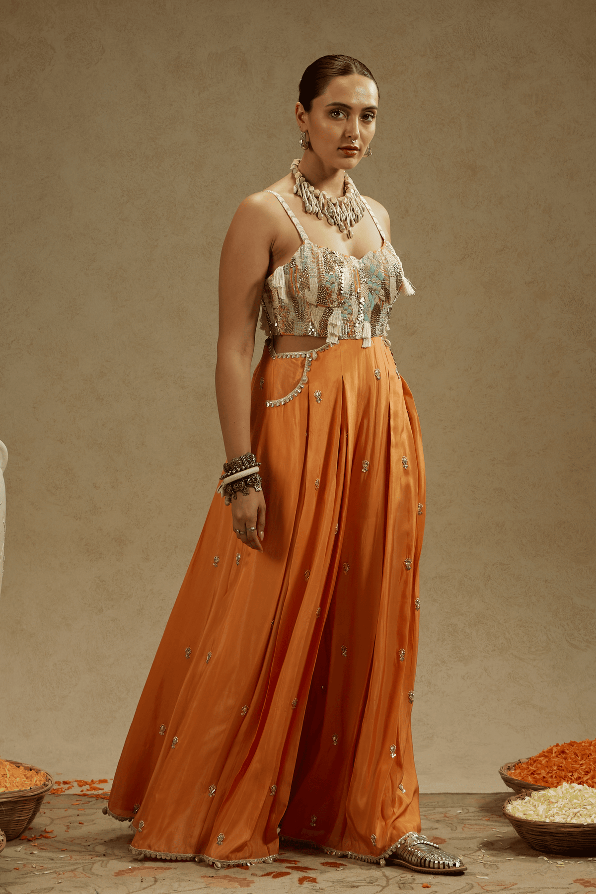 Orange Embellished Jumpsuit With Pockets