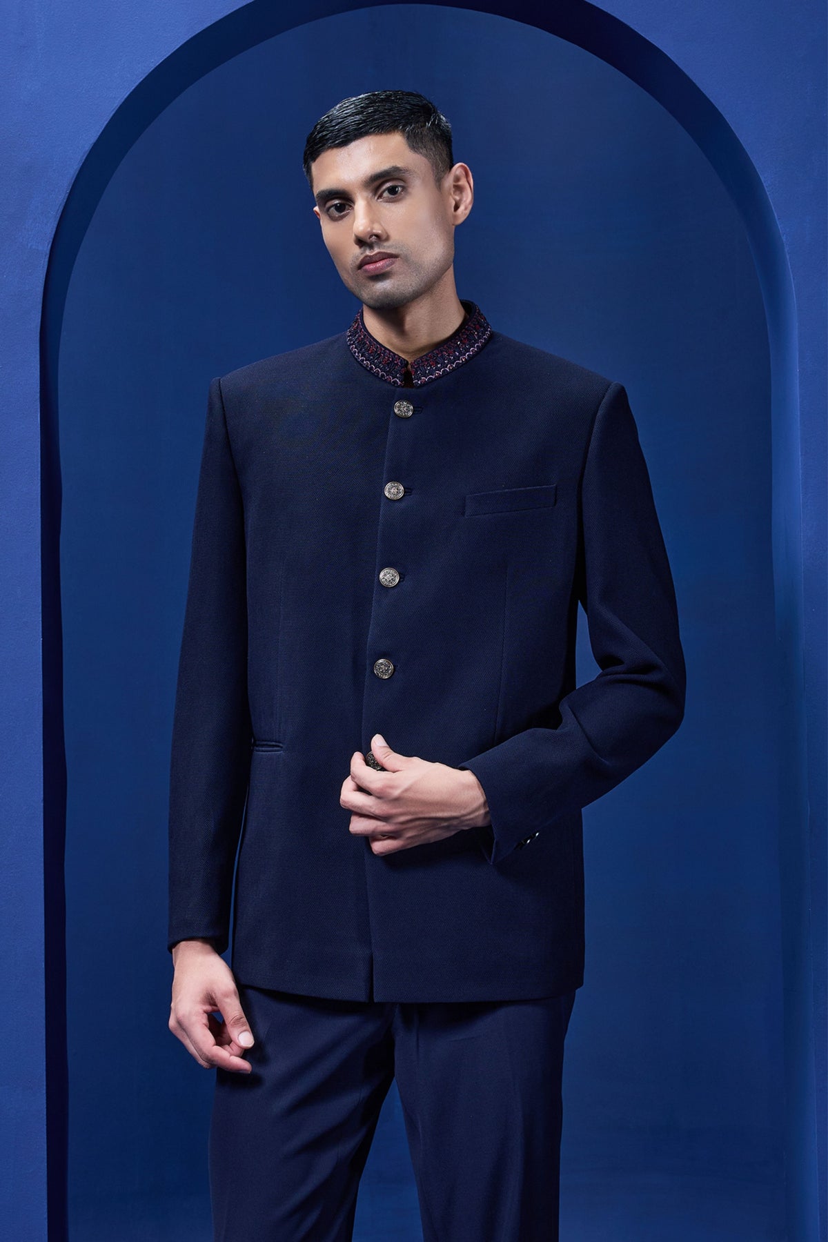 Navy Blue Embroidered Bandhgala Set