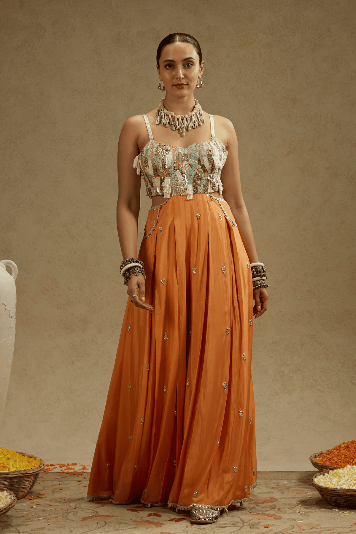 Orange Embellished Jumpsuit With Pockets