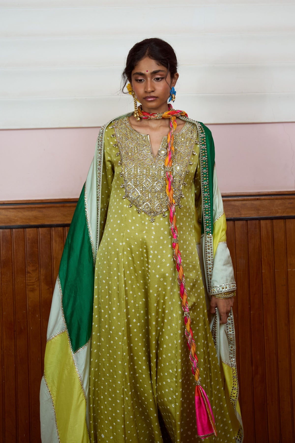 Ishq Olive Bandhani Anarkali Set