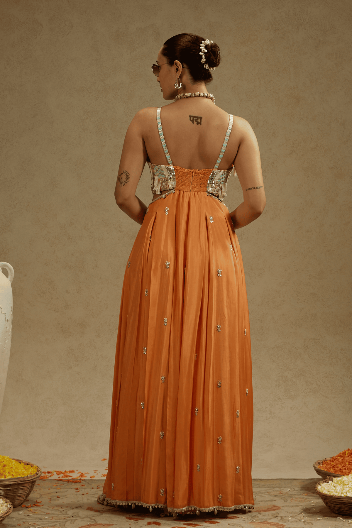 Orange Embellished Jumpsuit With Pockets