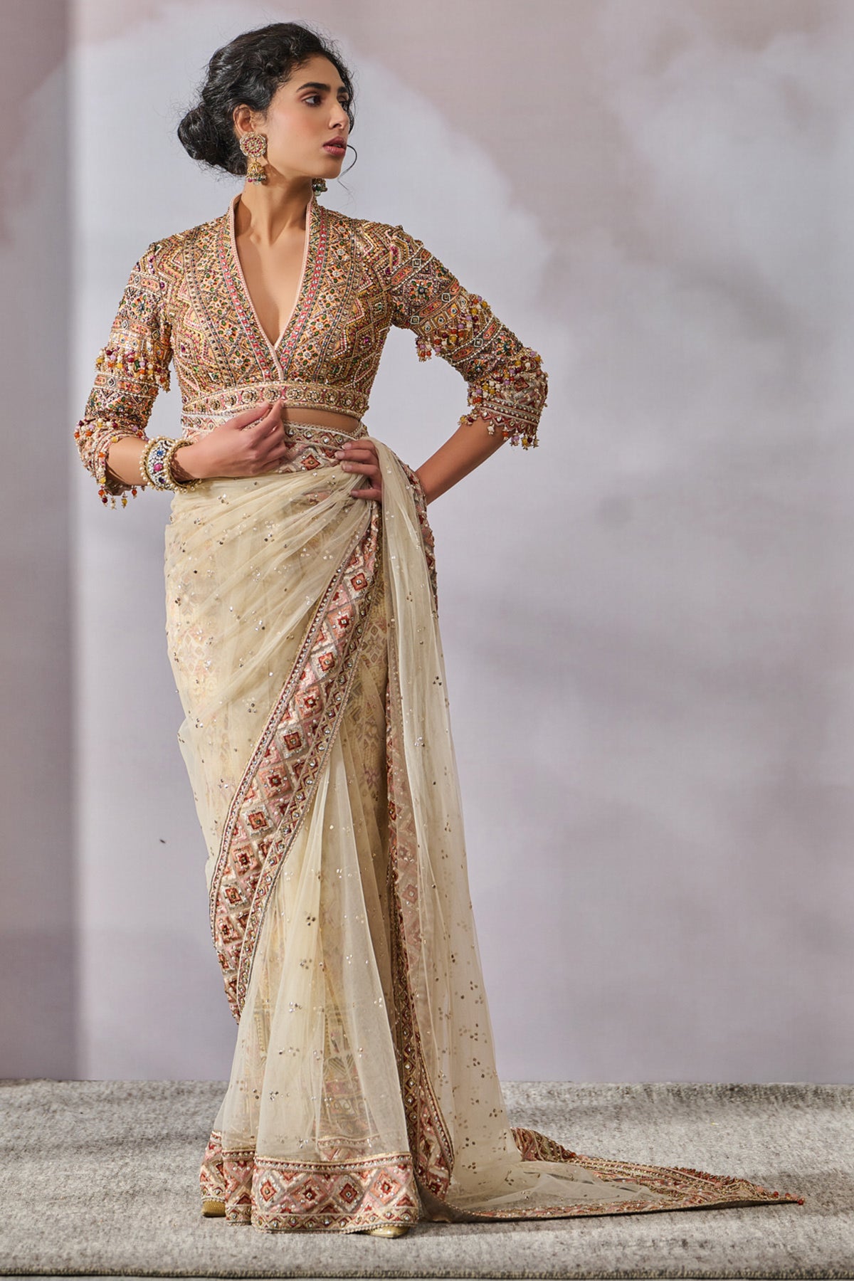 Phulkari Inspired Embellished Saree With Blouse