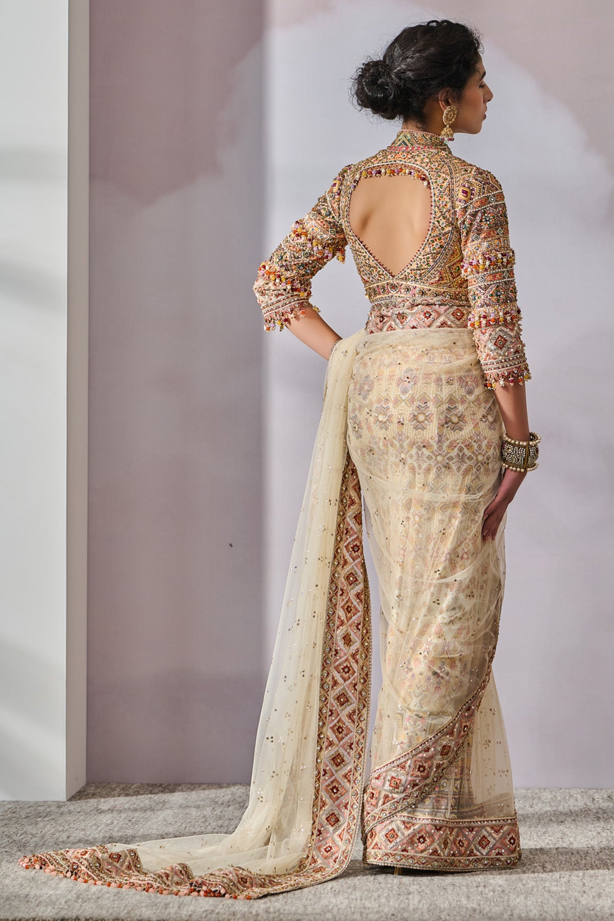 Phulkari Inspired Embellished Saree With Blouse