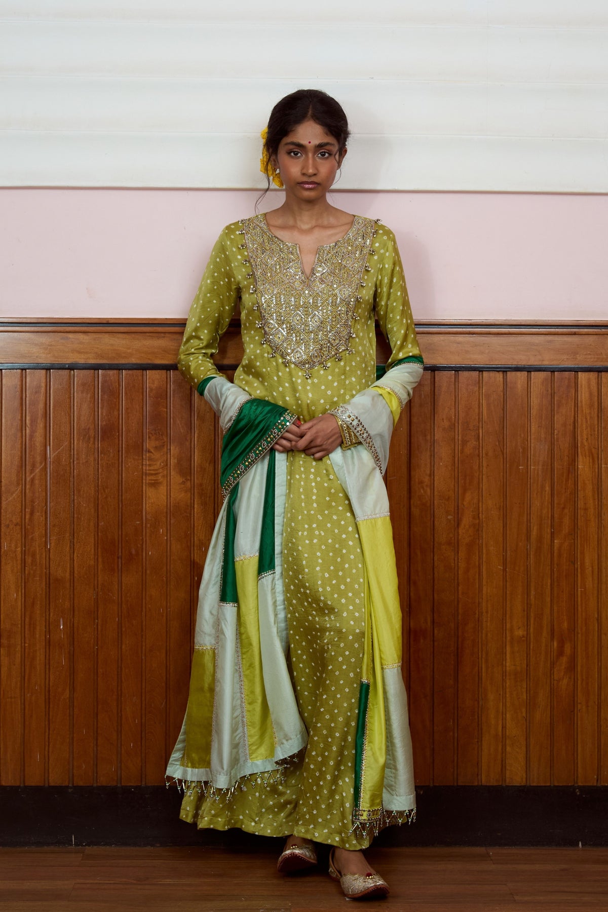 Ishq Olive Bandhani Anarkali Set