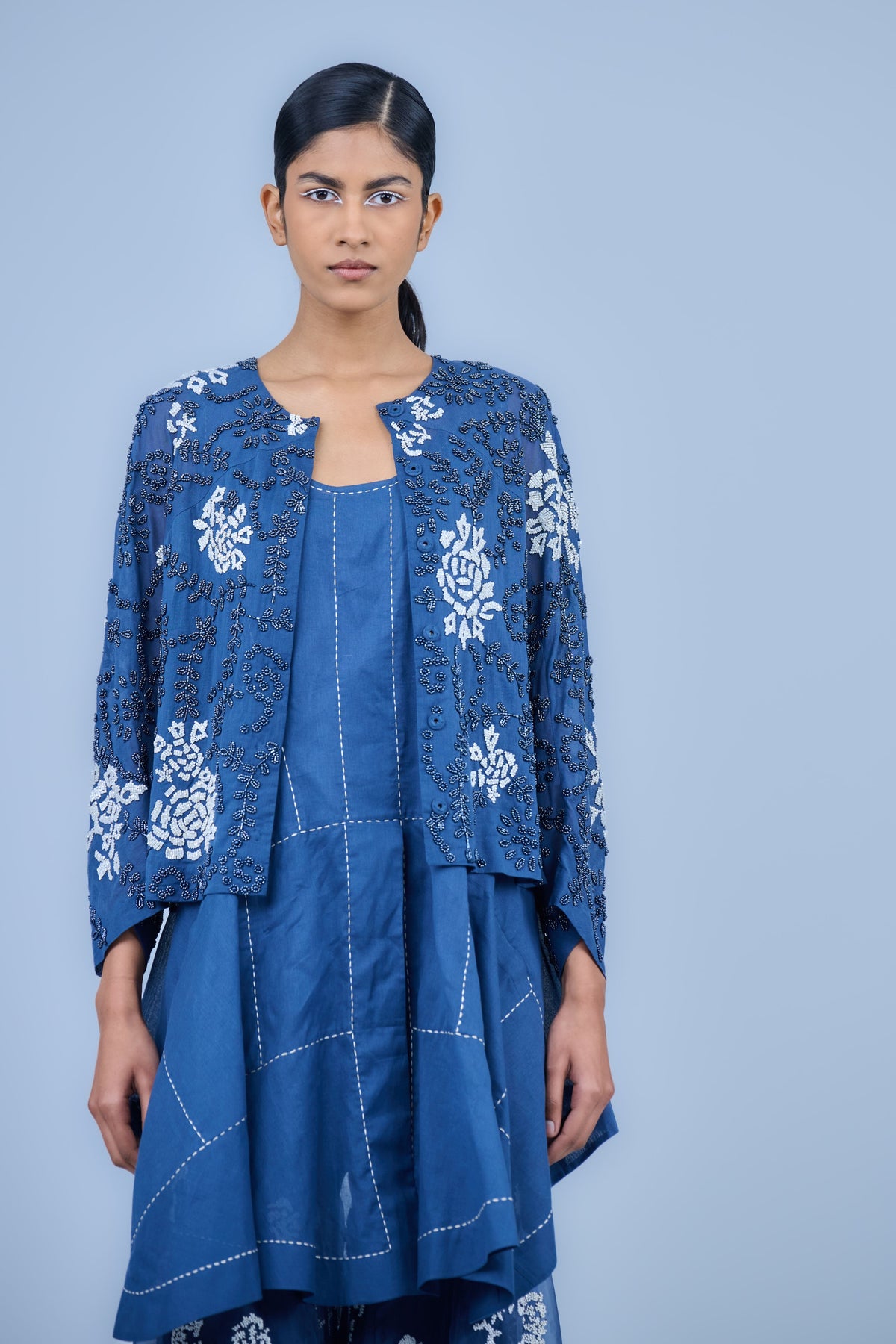 Space Blue Cotton Beadwork Jacket