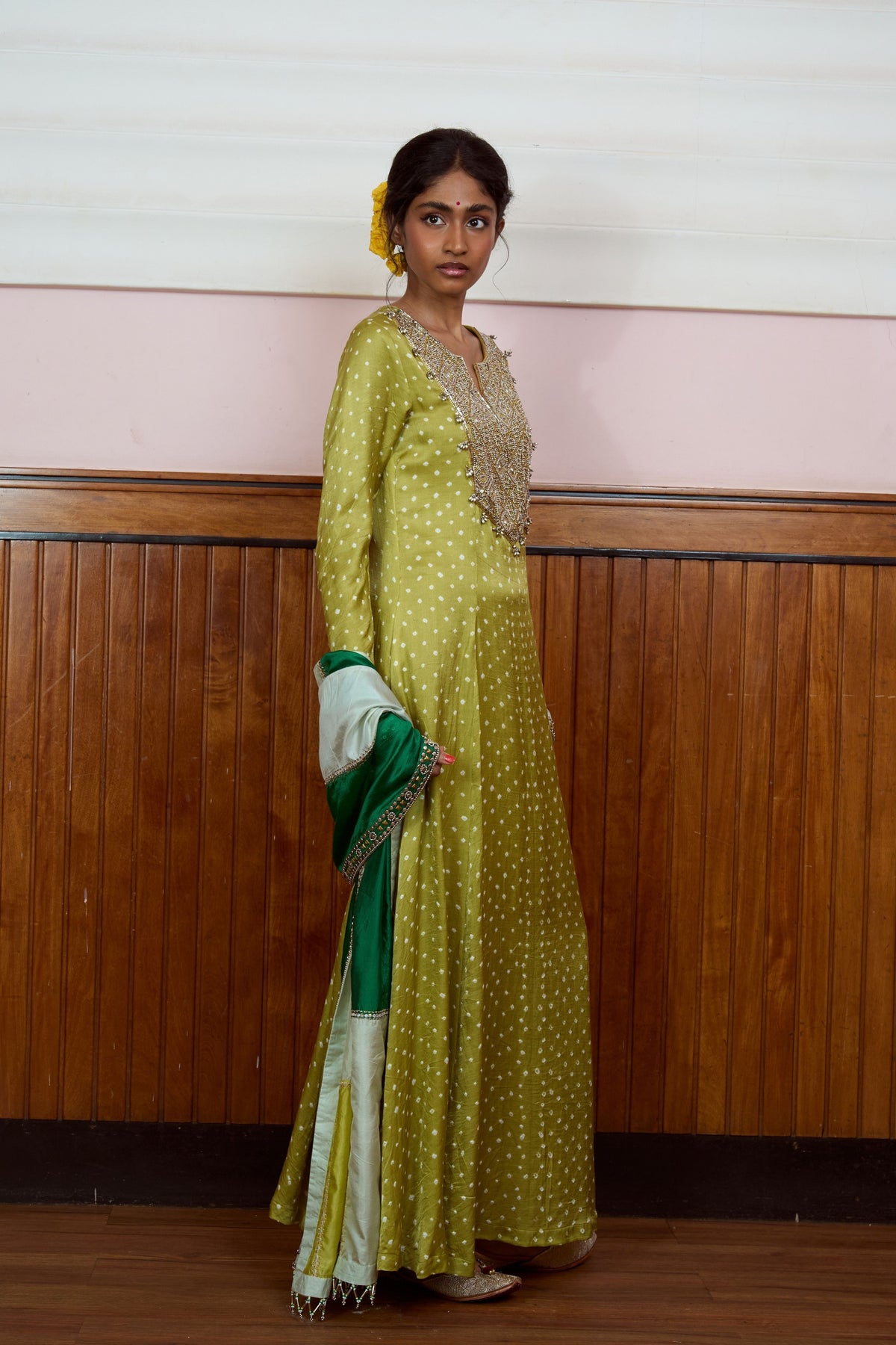 Ishq Olive Bandhani Anarkali Set