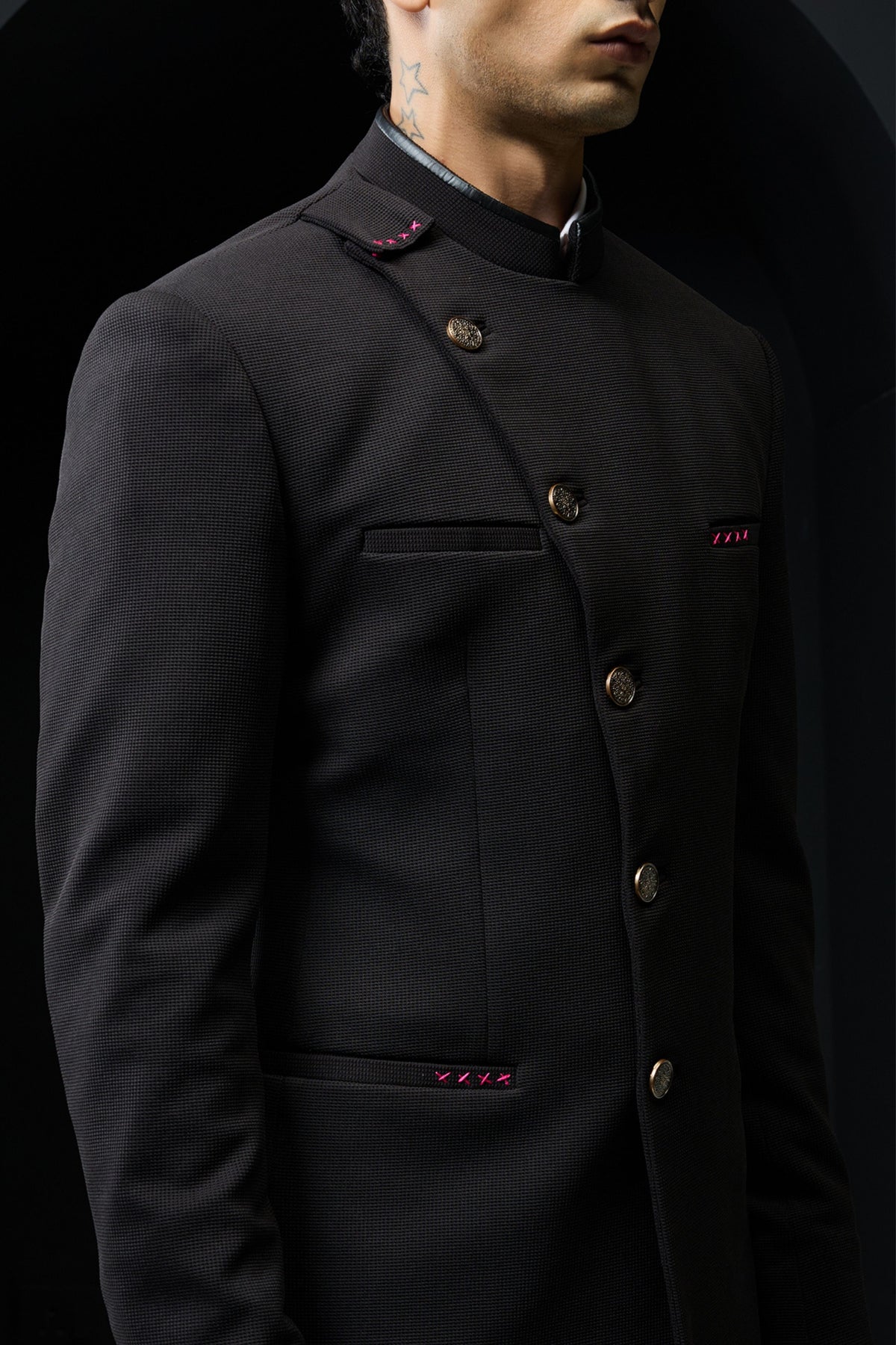 Black Bandhgala Set With Slant Cut