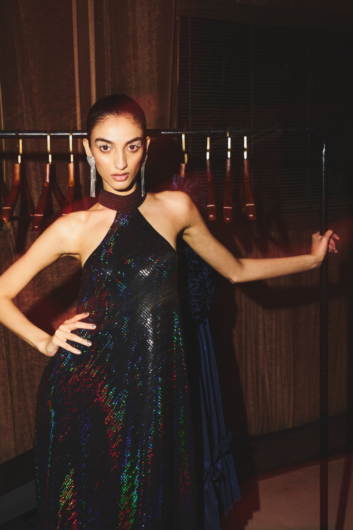 Metallic Jersey Rainbow Rope Neck Dress